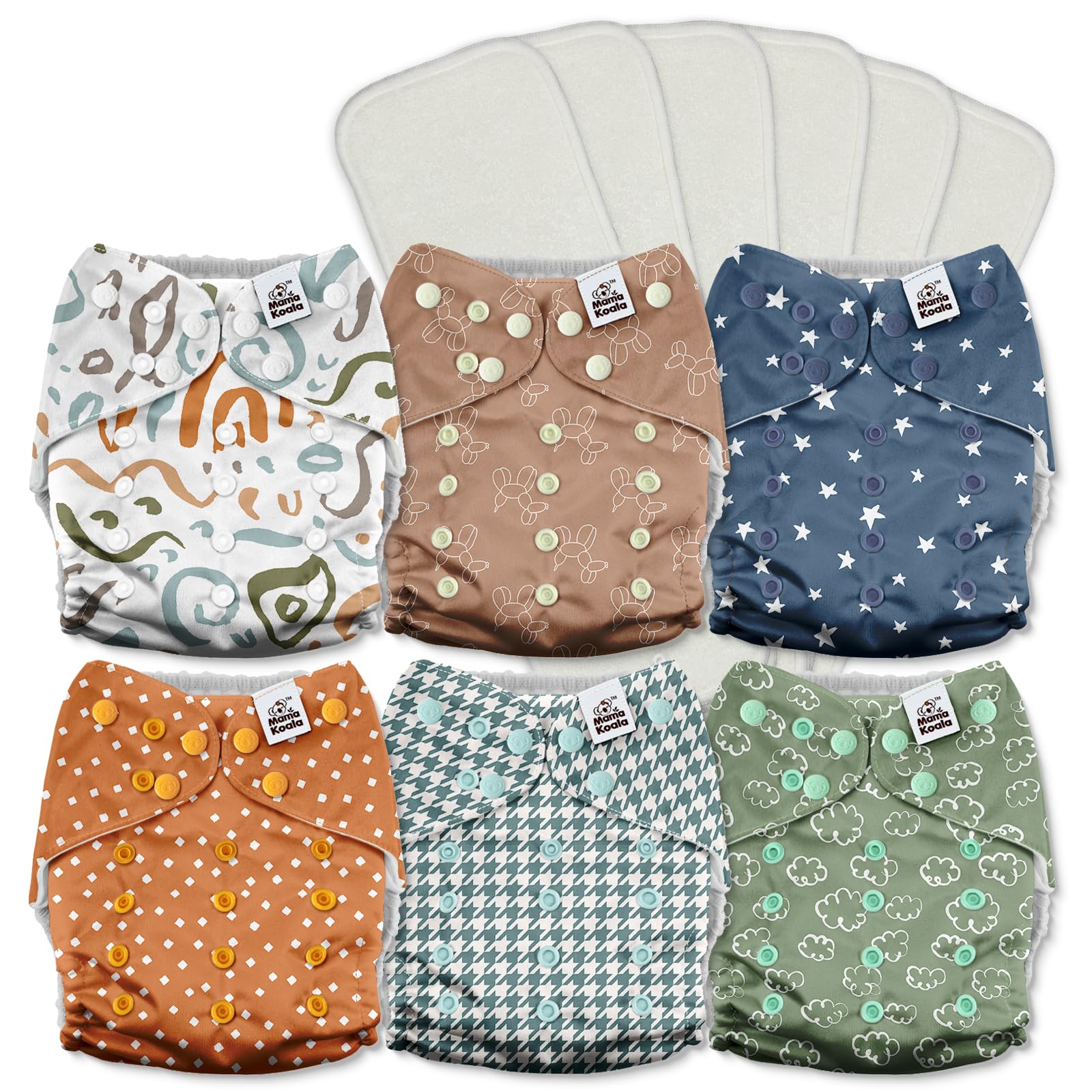 Mama Koala 3.0 Cloth Diapers for Babies with AWJ Lining, 6 Pack with 6 5-Layer Natural Cloth Diaper Inserts - Reusable and Washable Pocket Diapers(A-Full of Hope)