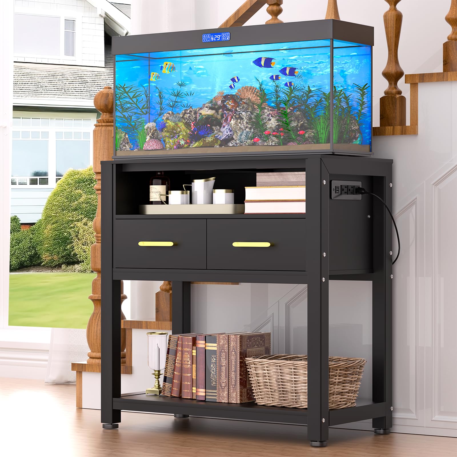 EOSVALO Soporte de acuario con marco de metal estable, soporte resistente para peceras con alfombrilla impermeable, gabinete de almacenamiento de capacidad de 250 KG, adecuado (Negro)