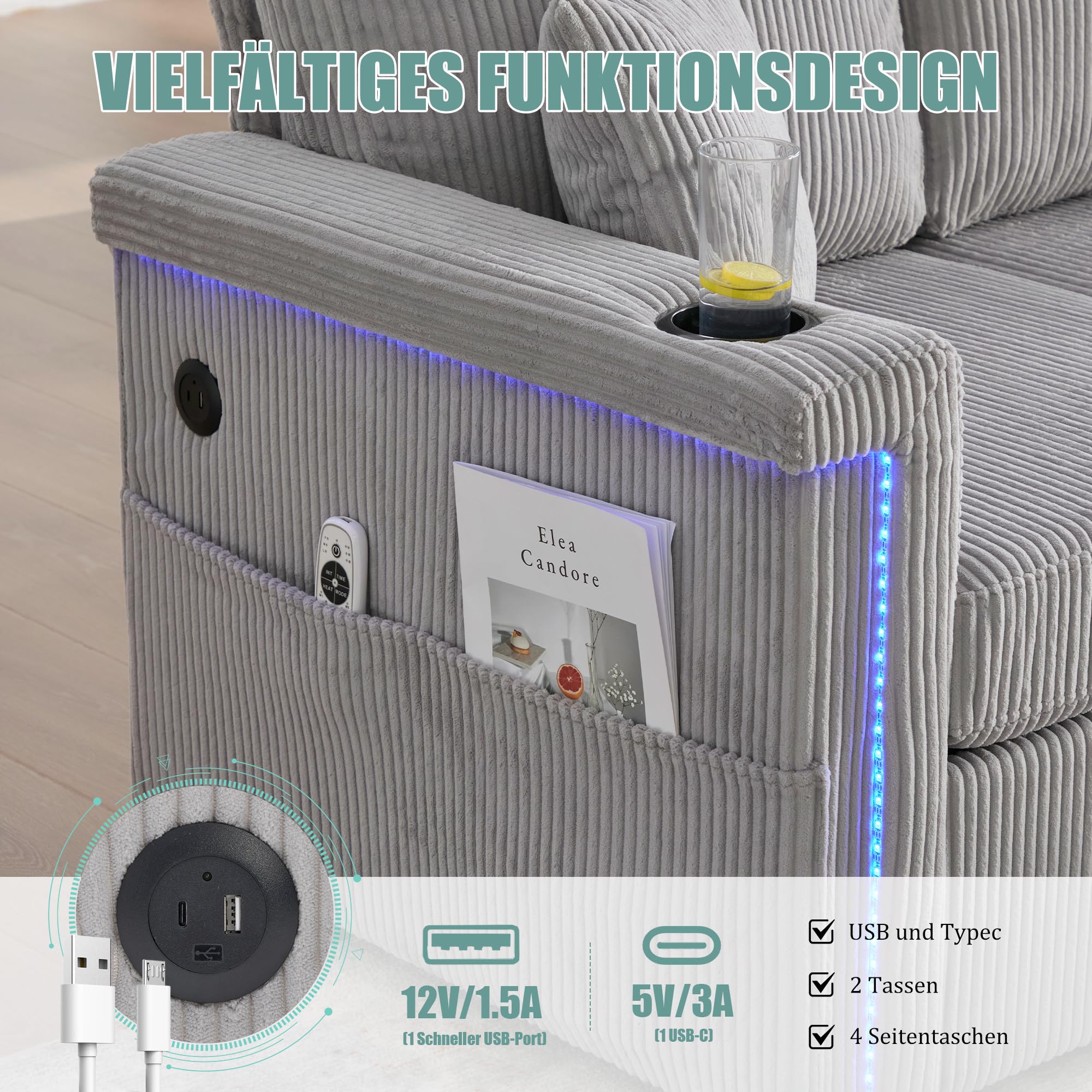 Sofá moderno de 3 a 4 plazas, reposabrazos con iluminación LED, puertos USB-C, prácticos portavasos y bolsillos laterales, reposapiés con compartimento contenedor, terciopelo, sofá modular