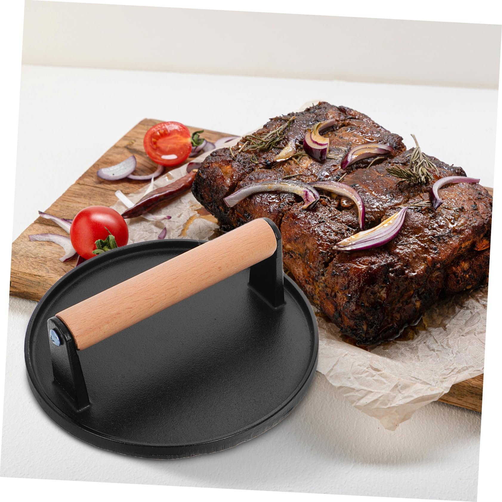 2 Prensas para Barbacoa de Hierro Fundido con Mango de Madera, Prensa para Hamburguesas y Alimentos, Formas Redonda y Rectangular, Alta Resistencia para Cocina