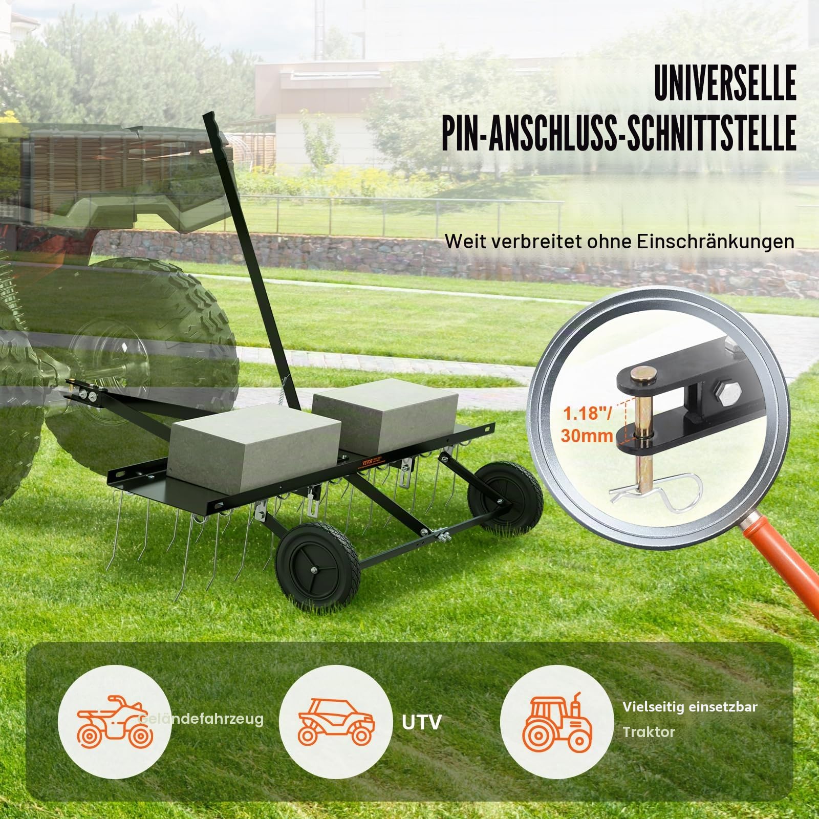 VEVOR Vertikutierer, 1219 mm Vertikutierer mit 24 Federstahlzinken, Rasenvertikutierer für ATV oder Mäher, Rasenrechen mit Hebebügel für den Garten, Bauernhof, Gras