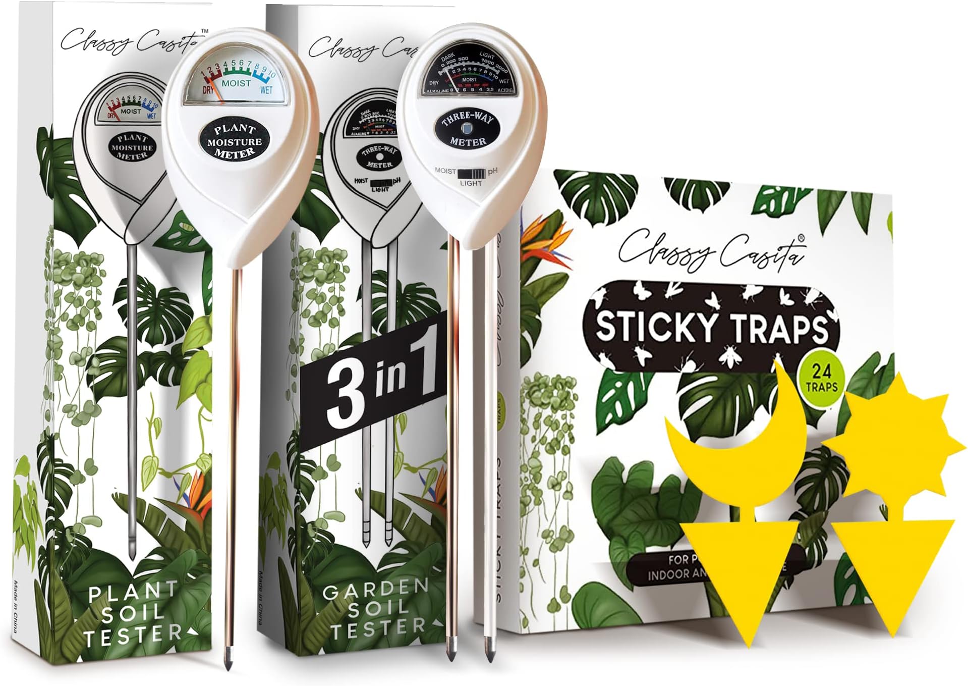 Classy CasitaPlant Care Bundle: Soil Moisture Meter - White, 3-in-1 Garden Soil Tester - White, 24-Pack Plant Sticky Traps, for Indoor & Outdoor Plants w/Plant Watering & Care eBook