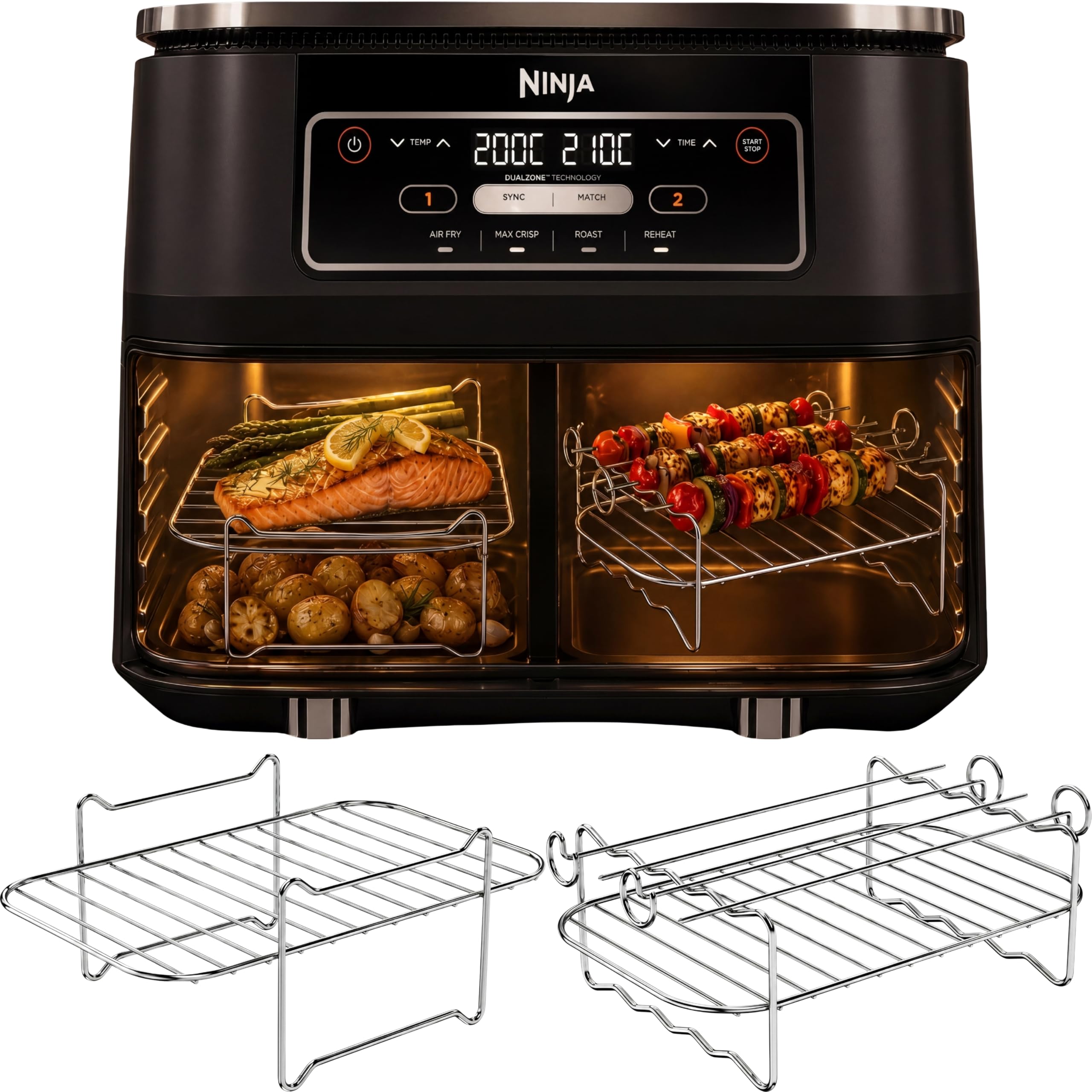 Air Fryer Racks for Ninja AF200UK 7.6L Dual Zone | 304 Steel & 4 Skewers