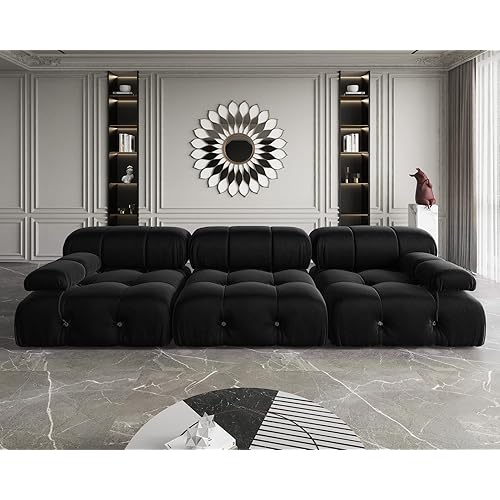 Convertible Modular Sectional Sofa, Modern Velvet Straight 3-Seater Couch for Living Room, Apartment (104 in/Black)