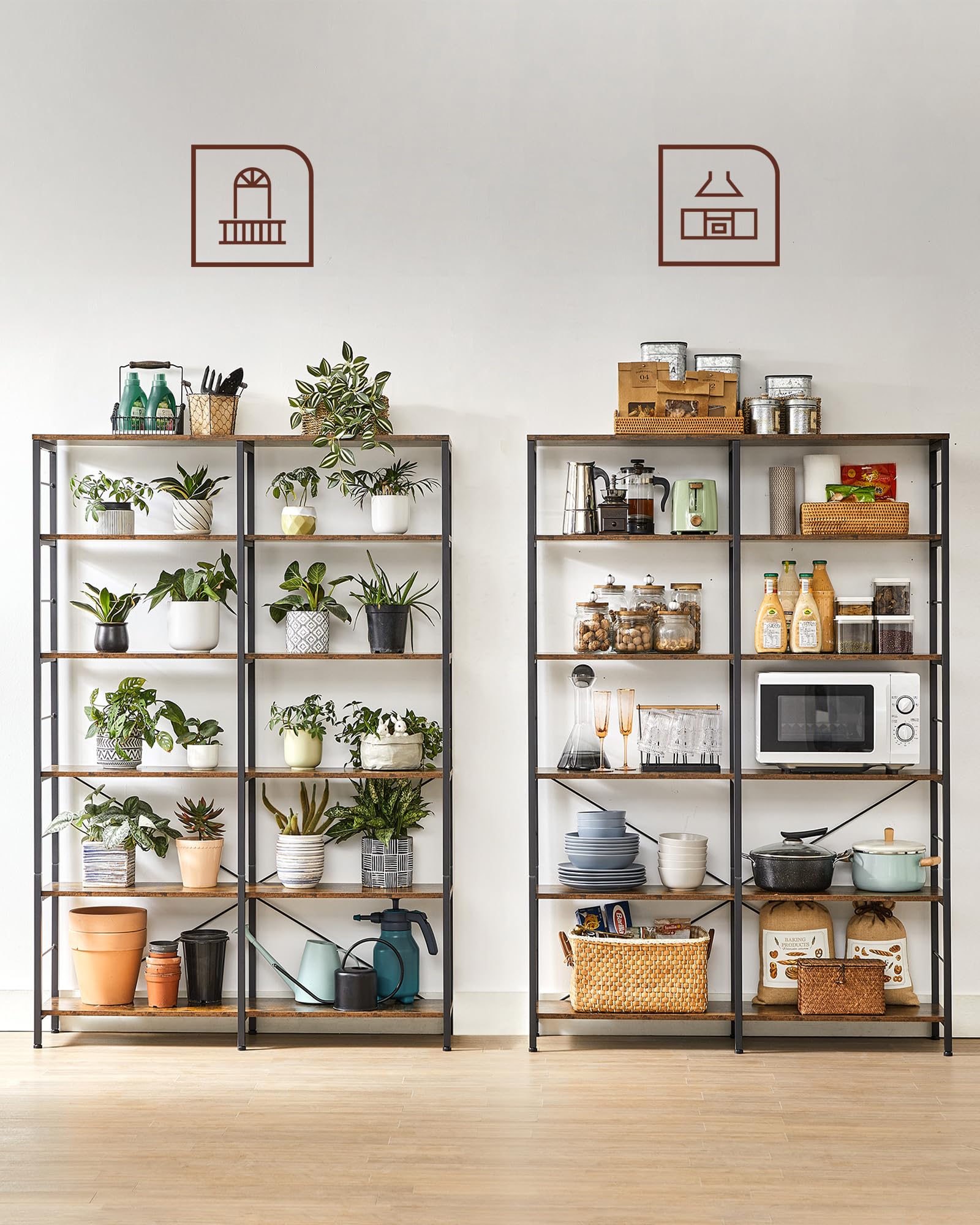 VASAGLE Bücherregal, Standregal mit 6 Ebenen, 30 x 120 x 170 cm, Industrie-Design, für Wohnzimmer, Arbeitszimmer, Balkon, Küche, vintagebraun-tintenschwarz LLS114B01