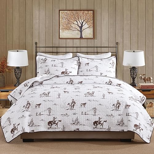 PANGUSHAN 100% Cotton Quilt King Size, Ranch Life Cowboy Rodeo Cow Print Western