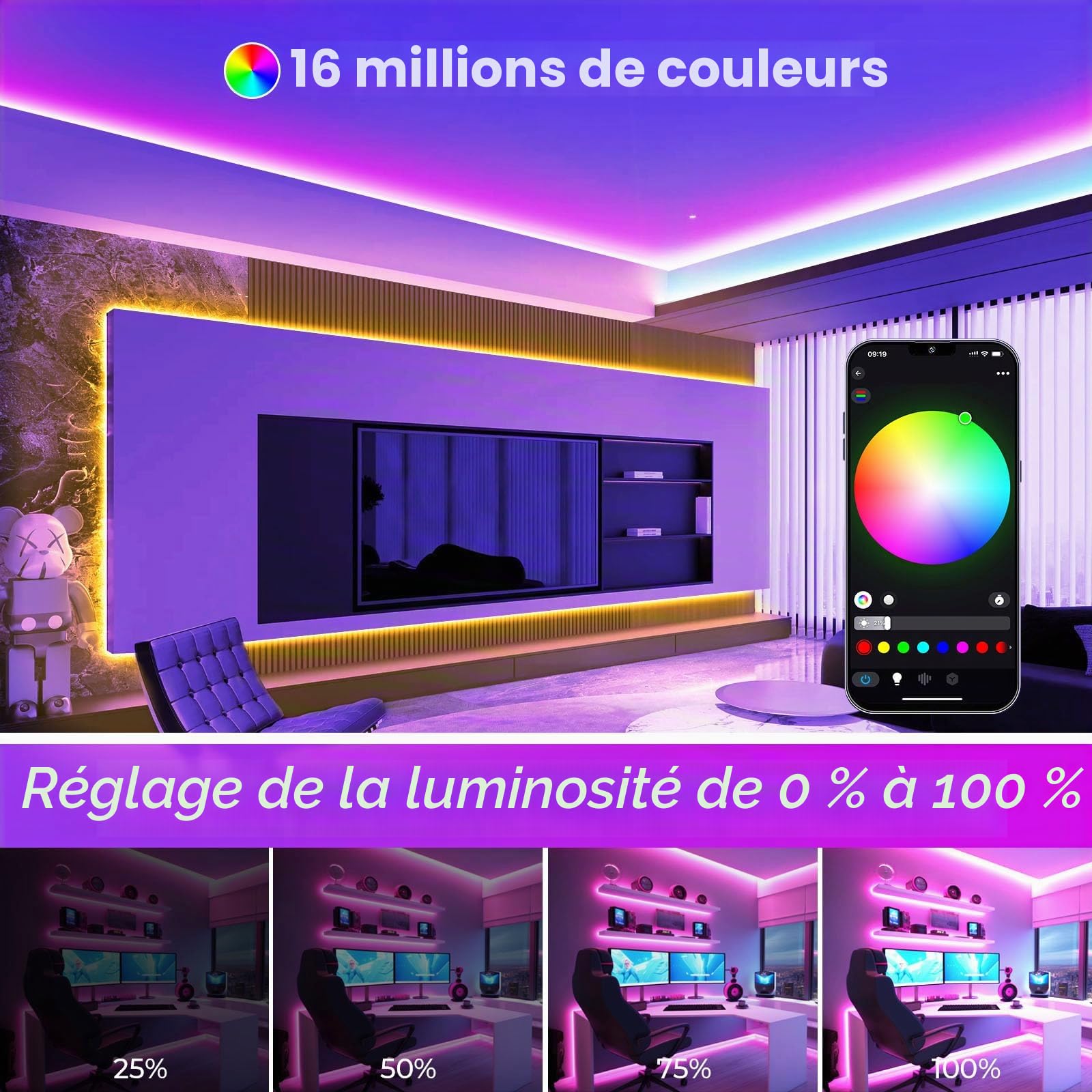 10M Wifi COB RGB Ruban Led Chambre 576led/M 5760leds 24V Bande LED fonctionne avec Google Home assistant/Alexa,Rubans à LED dimmable Led Strip avec télécommande
