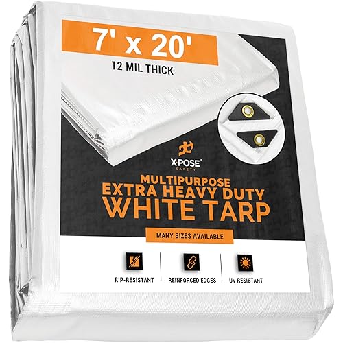 Heavy Duty White Poly Tarp 7' x 20' Multipurpose Protective Cover - Durable, Waterproof, Weather Proof, Rip and Tear Resistant - Extra Thick 12 Mil Polyethylene - by Xpose Safety