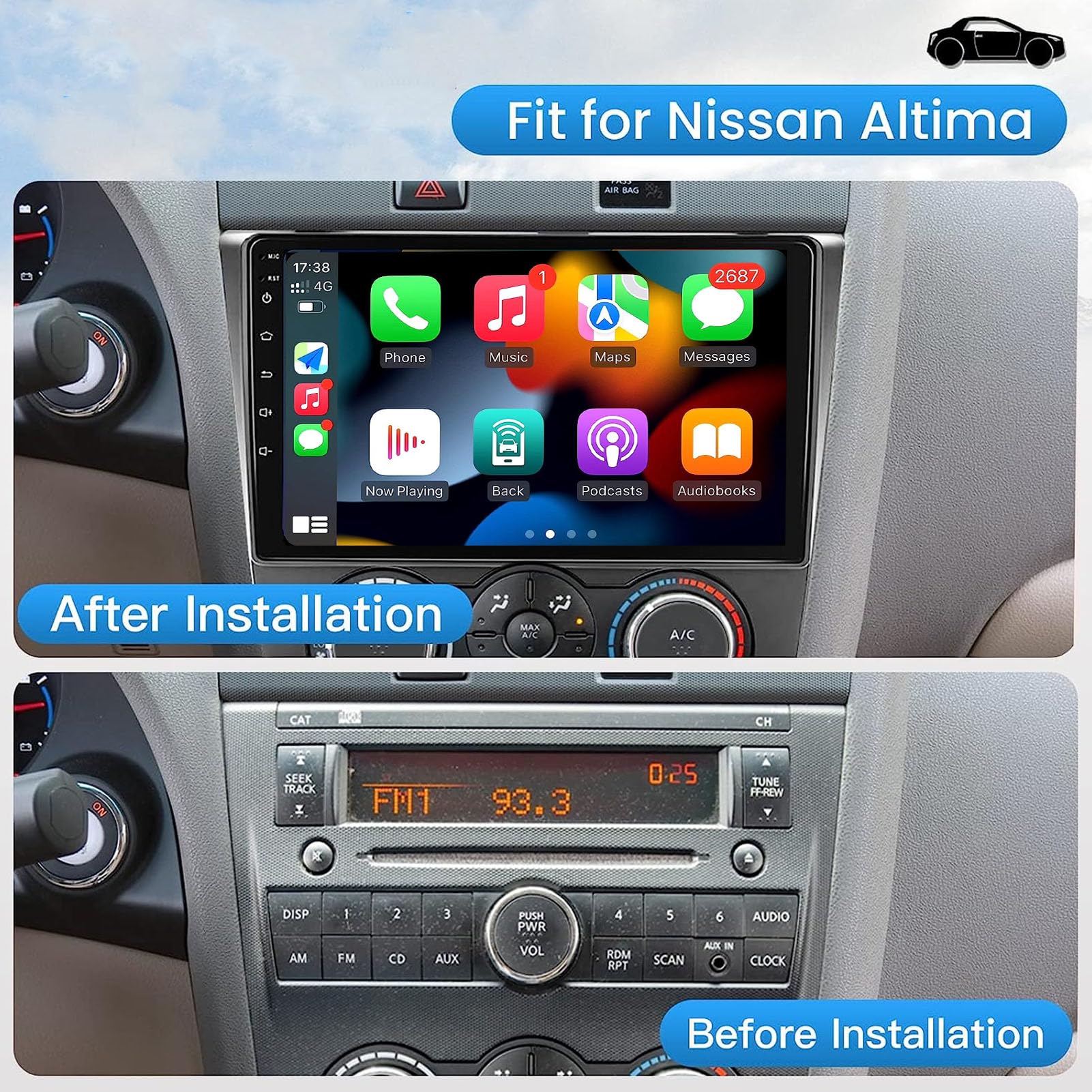 Radio Samochodowe z 9-calowym Ekranem Dotykowym dla Nissan Altima 2008-2012, Radio Samochodowe 2G+32G z Bezprzewodowym Carplay i Android Auto, WiFi, BT, GPS, Kamera Cofania,