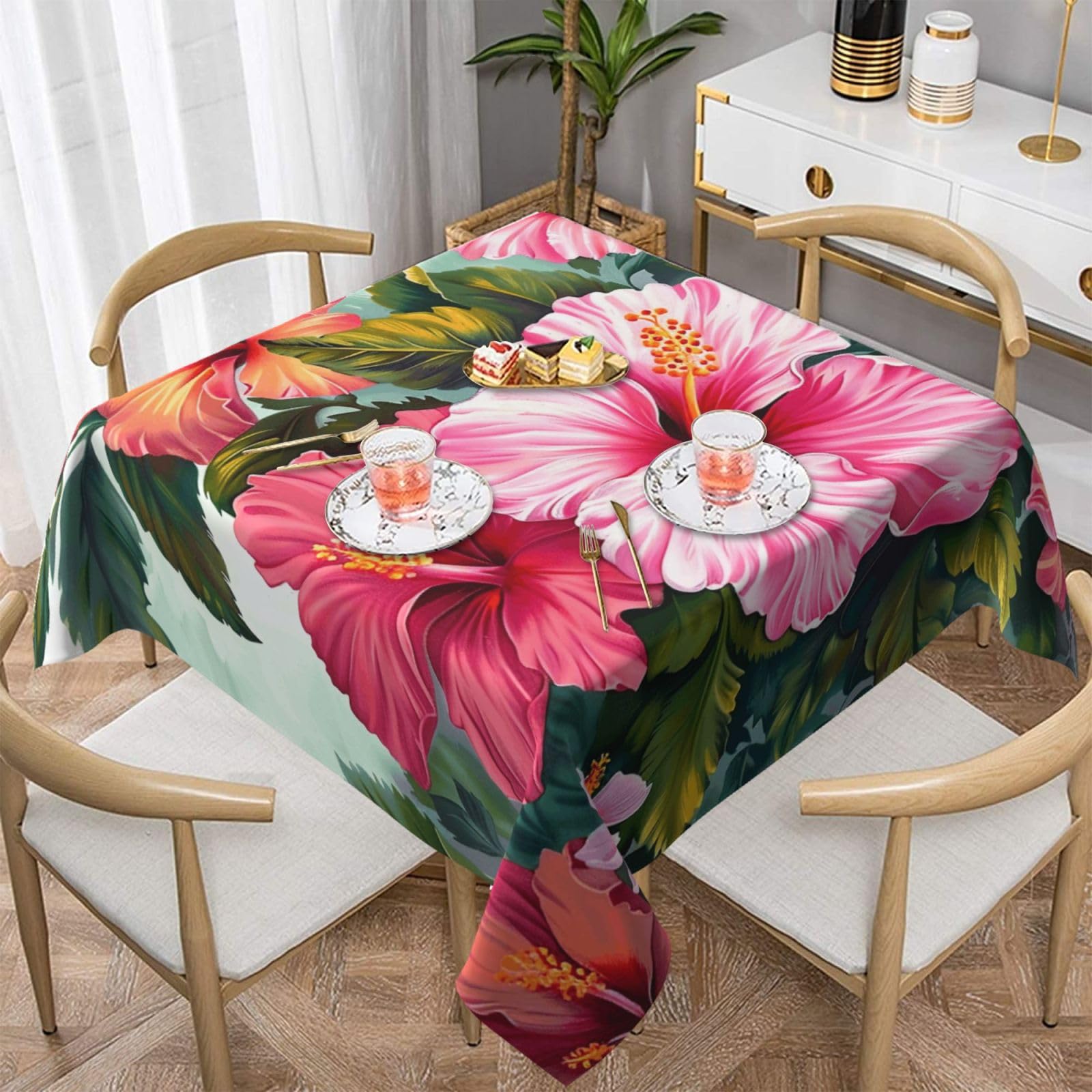 WPKJU Hibiscus Flowers Art Printed Square Tablecloth 60x60 inch Water Resistant Table Cover Washable Rectangle Table Cloth for Dining Tables