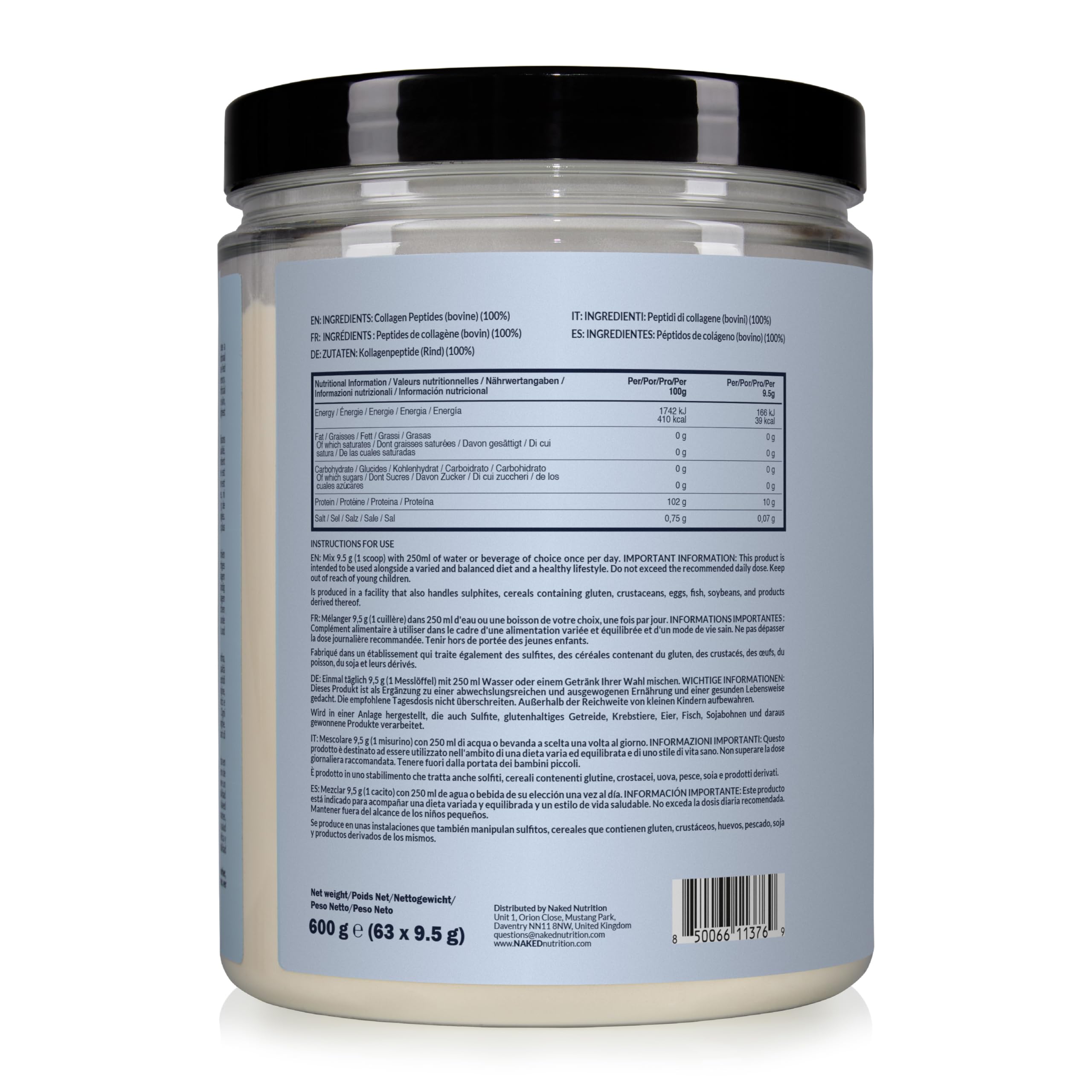 Poudre de peptides de collagène NAKED – 63 doses – Collagène hydrolysé issu de bovins élevés en pâturage et nourris à l’herbe – Sans goût – Compatible Paléo – Sans OGM – Keto – Sans gluten – 600 g