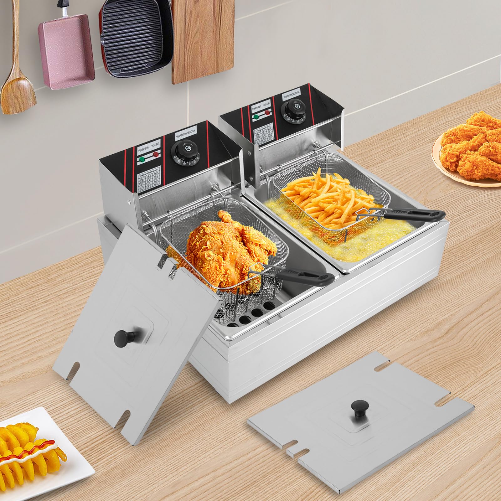 Freidora doble de acero inoxidable, doble tanque freidora eléctrica con tapa, 2 x 6 l, control de temperatura 60-200 ℃, freidora para asar pescado entero o pavo