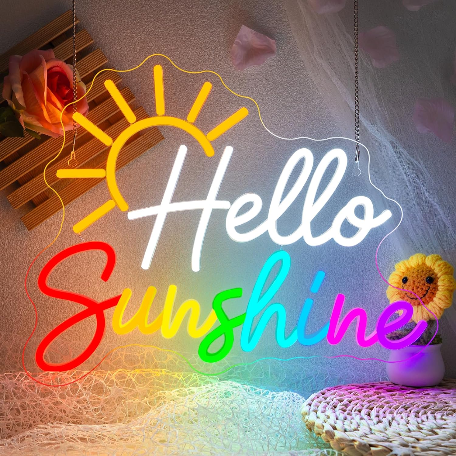 Horseneon Hello Sunshine Neon Sign Led Light Hello Sunshine Sign Dimmable Neon Signs for Classroom Funny Wall Art Light Up Signs for Wall Decor