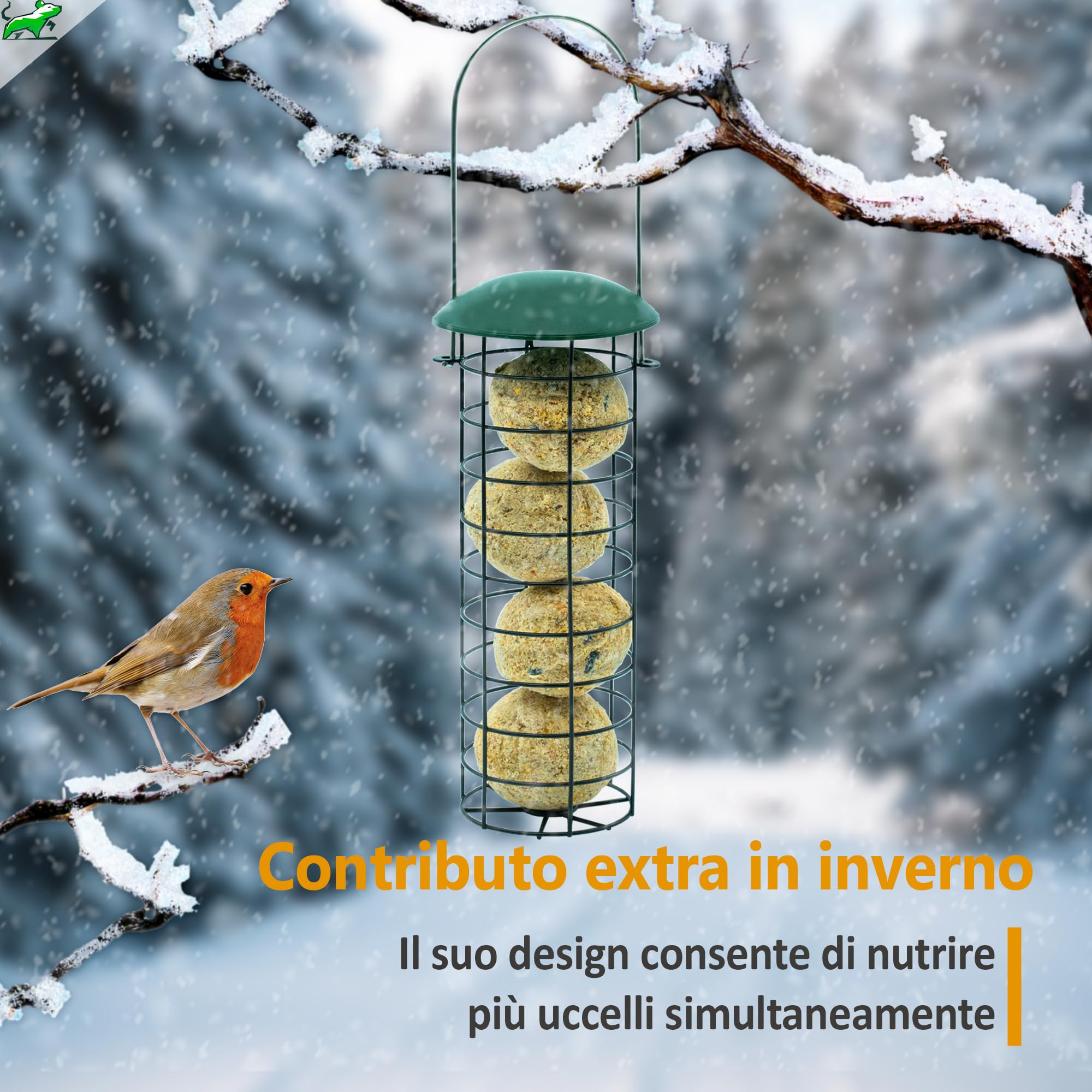 Mice&Co Mangiatoia per Uccelli da Esterno con Palle di Grasso – Casetta per Uccellini Giardino con Sfere di Lardo I Pack 1 Mangiatoia per Volatili e 12 Palline di Cibo