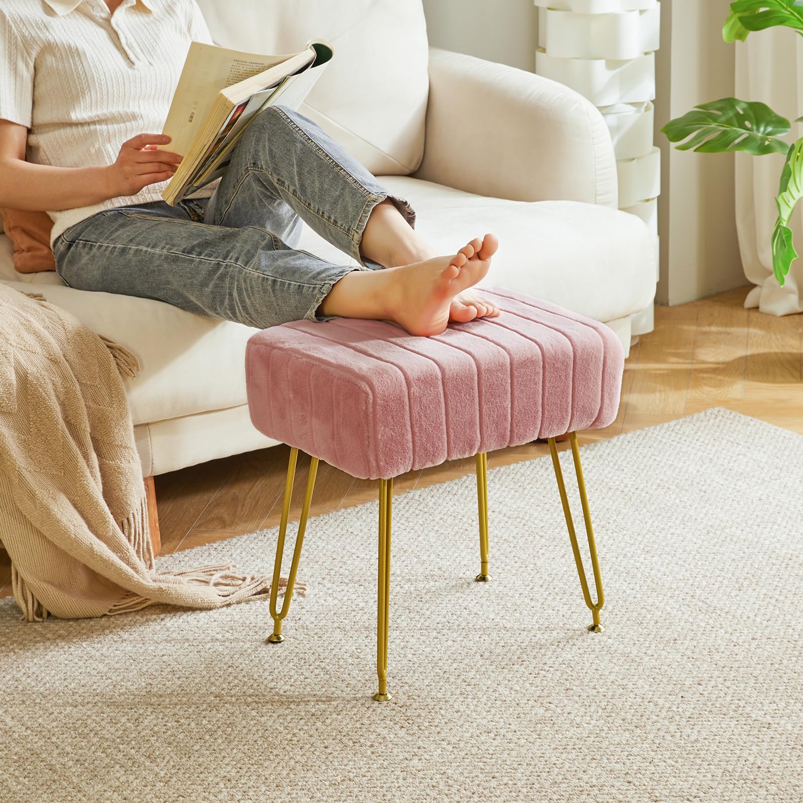 IBUYKE Make-up Vanity Hocker, Samt Rechteckstütze, Pink L/G-51P | Osmanische Seite Umkleidetisch Sitz Pouf Couch Stuhl Goldene Stahlbeine