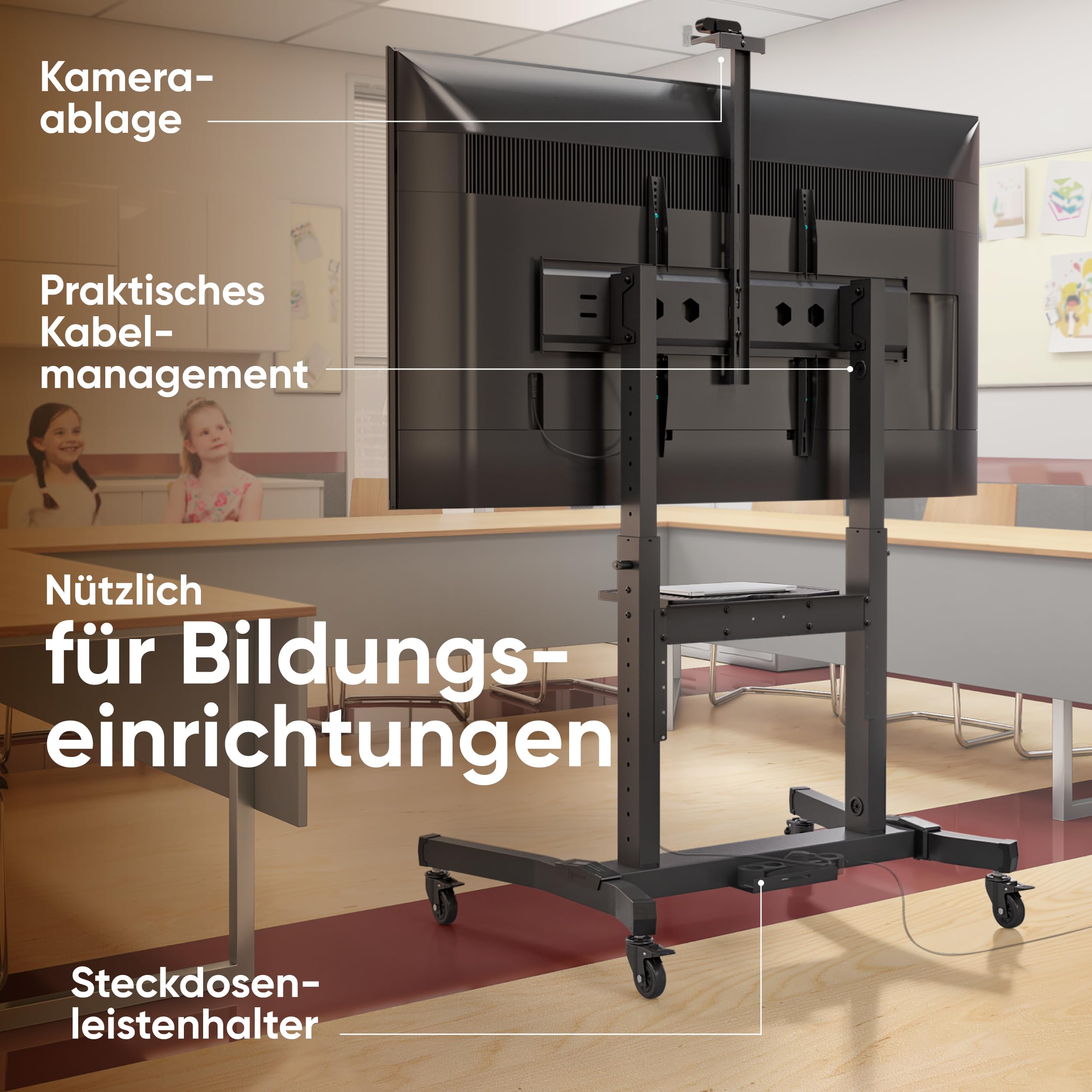 ONKRON TV Ständer rollbar für 50-100 Zoll Fernseher, max Last 130 kg, TV Wagen höhenverstellbar, neigbar, max VESA 1000x600, professioneller Fernsehständer mit Rollen, Ablage Schwarz TS1991-B