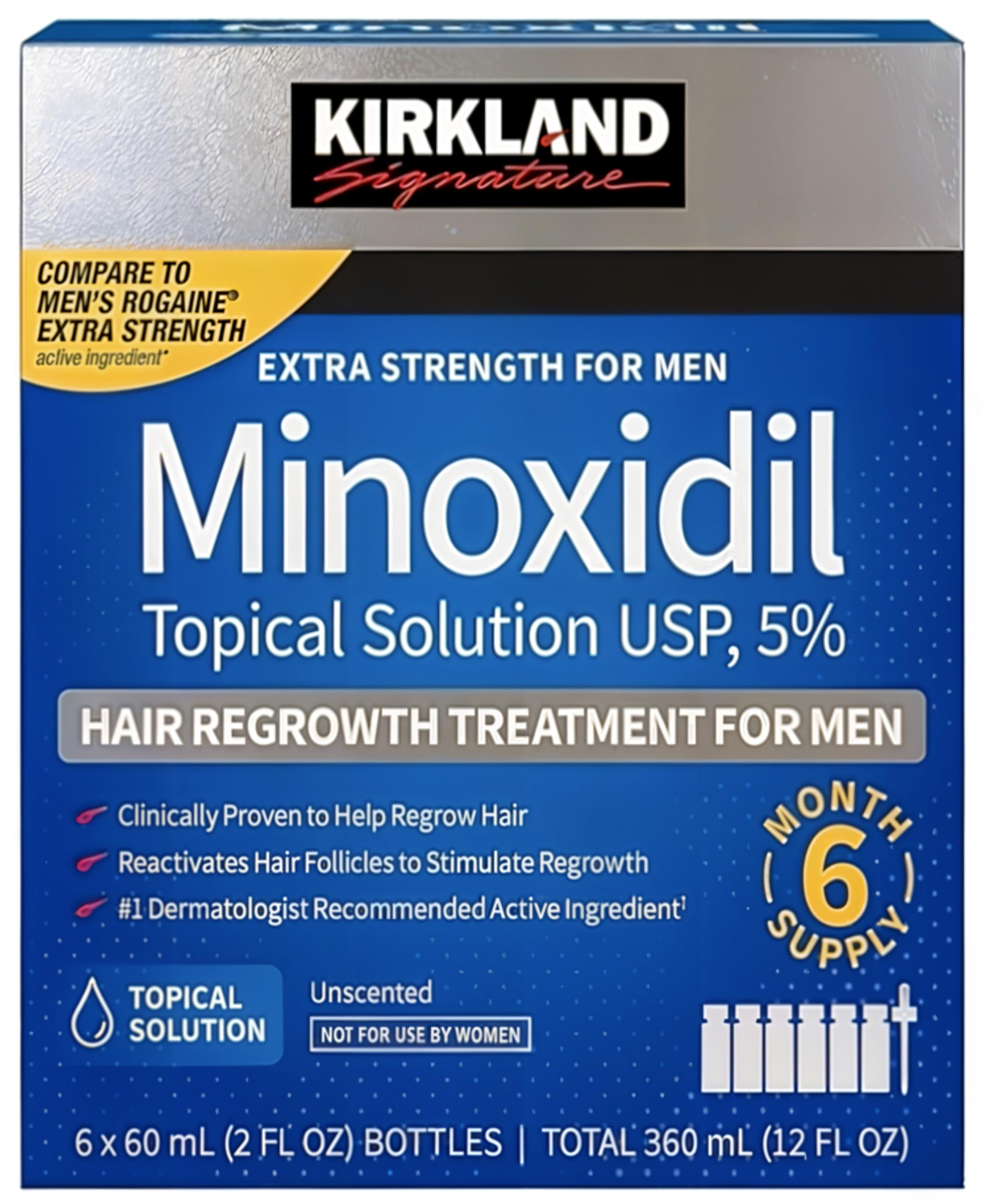 KIRKLAND Signature Minoxidil 5% Hair Regrowth Treatment for Men | 6 Months Supply | Topical Solution | Extra Strength | Clinically Proven | Unscented Drops | Dropper Included