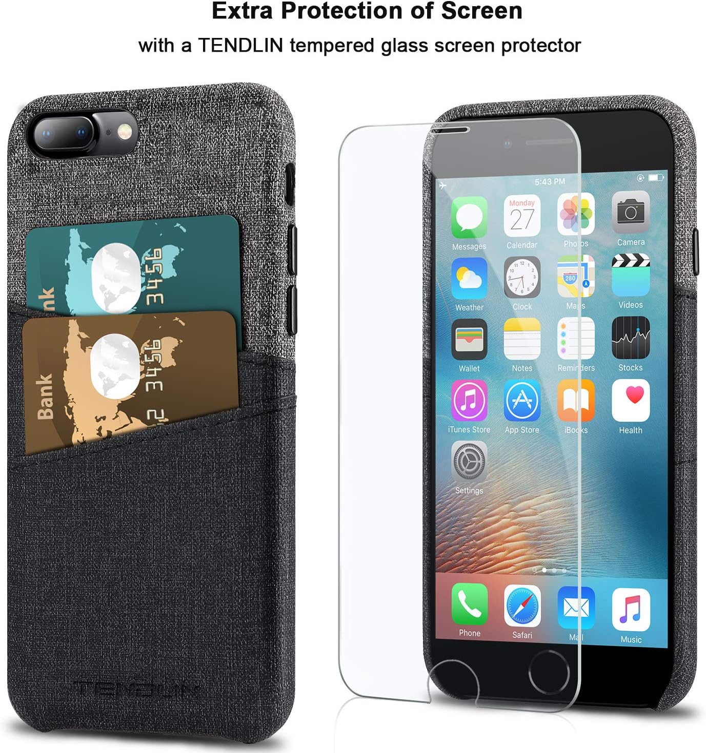 TENDLIN Compatible with iPhone 7 Plus Wallet Case iPhone 8 Plus Wallet Case Good Grip Leather Case with 2 Card Holder Slots Compatible with iPhone 7 Plus and iPhone 8 Plus (Gray & Black)