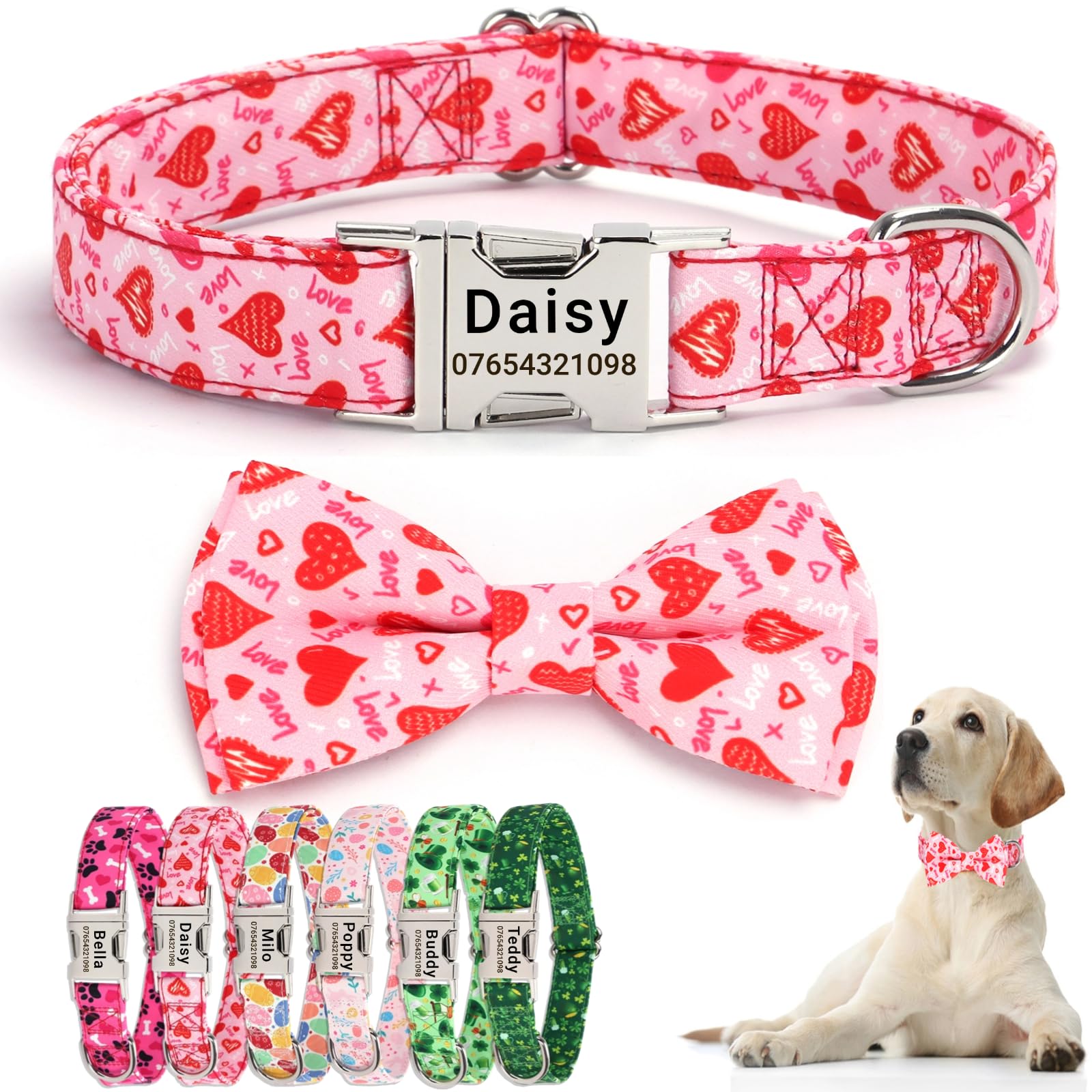 SEOUGEE Valentine's Day Dog Collar Personalised with Bowtie, Adjustable Soft Cotton Dog Collars with Custom Engraved Metal Buckle Name Phone Number for Small Dogs (Love Hearts, S:Neck 30-40cm)