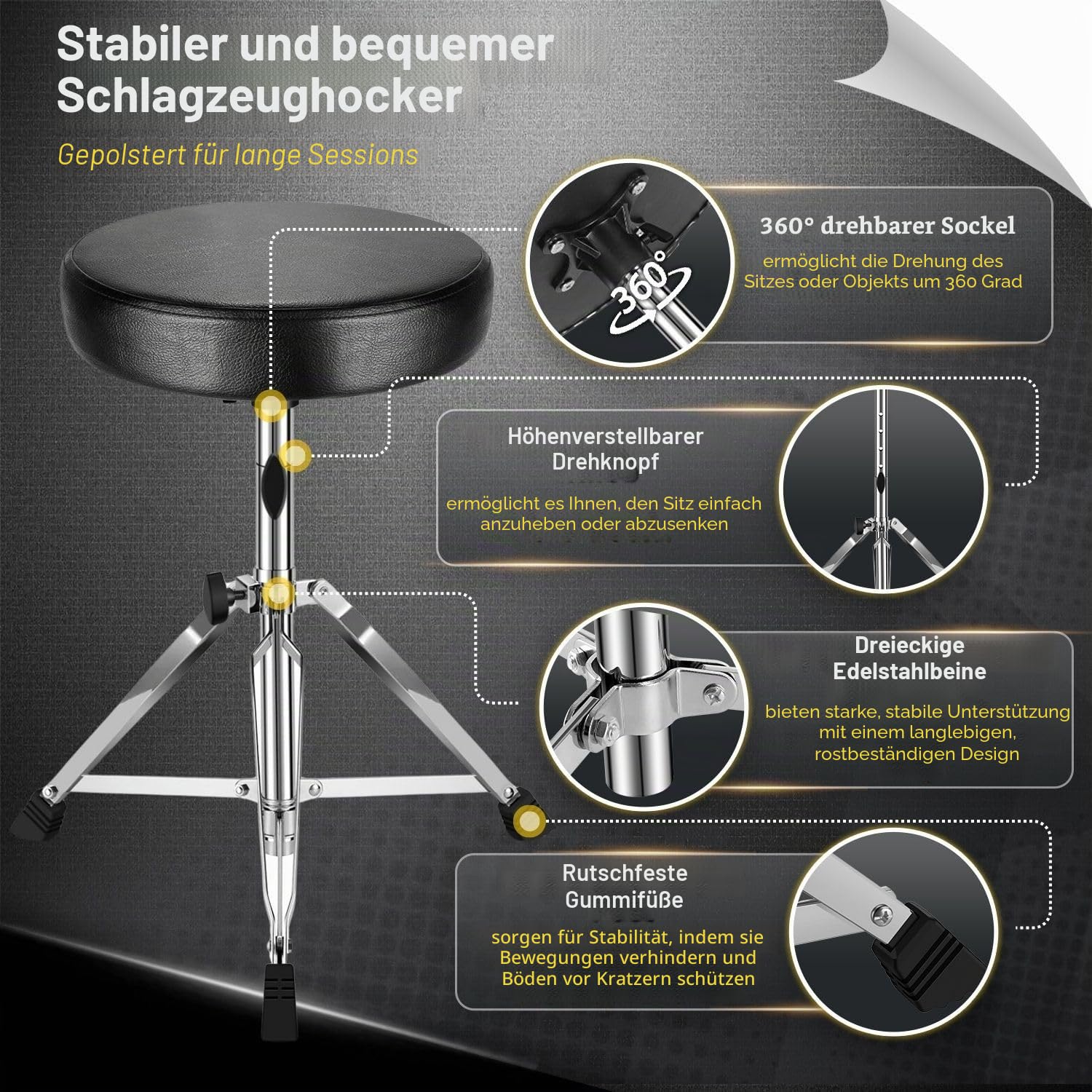 Flexzion-Trommelthron - Trommelhocker gepolsterter runder Sitz höhenverstellbar mit stabilem Stativfuß, rutschfesten Gummifüßen klappbar für Schlagzeuger, Perkussions-, Keyboard- und Klavierspieler