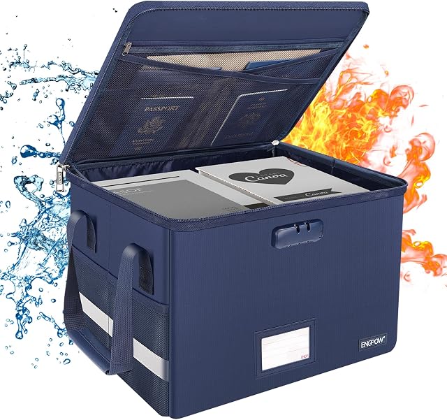 ENGPOW Fireproof Document Box File Organizer Storage Box with Lock Collapsible Filing Storage Box with Lid Portable Home Office Safe Box for Keeping File Folder Document Certificate Book