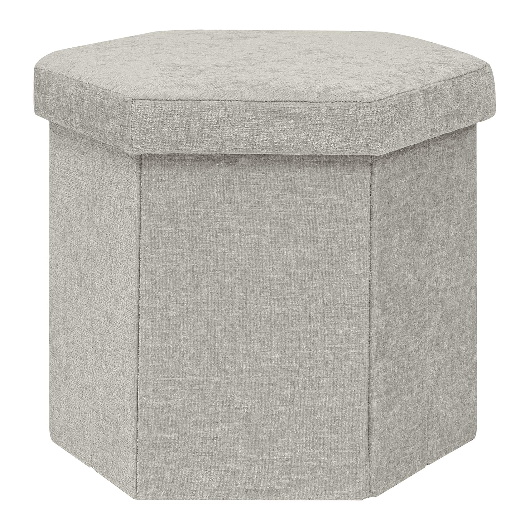 PINPLUS Chenille Ottoman Storage Box, Hexagonal Folding Stool, Silver Grey