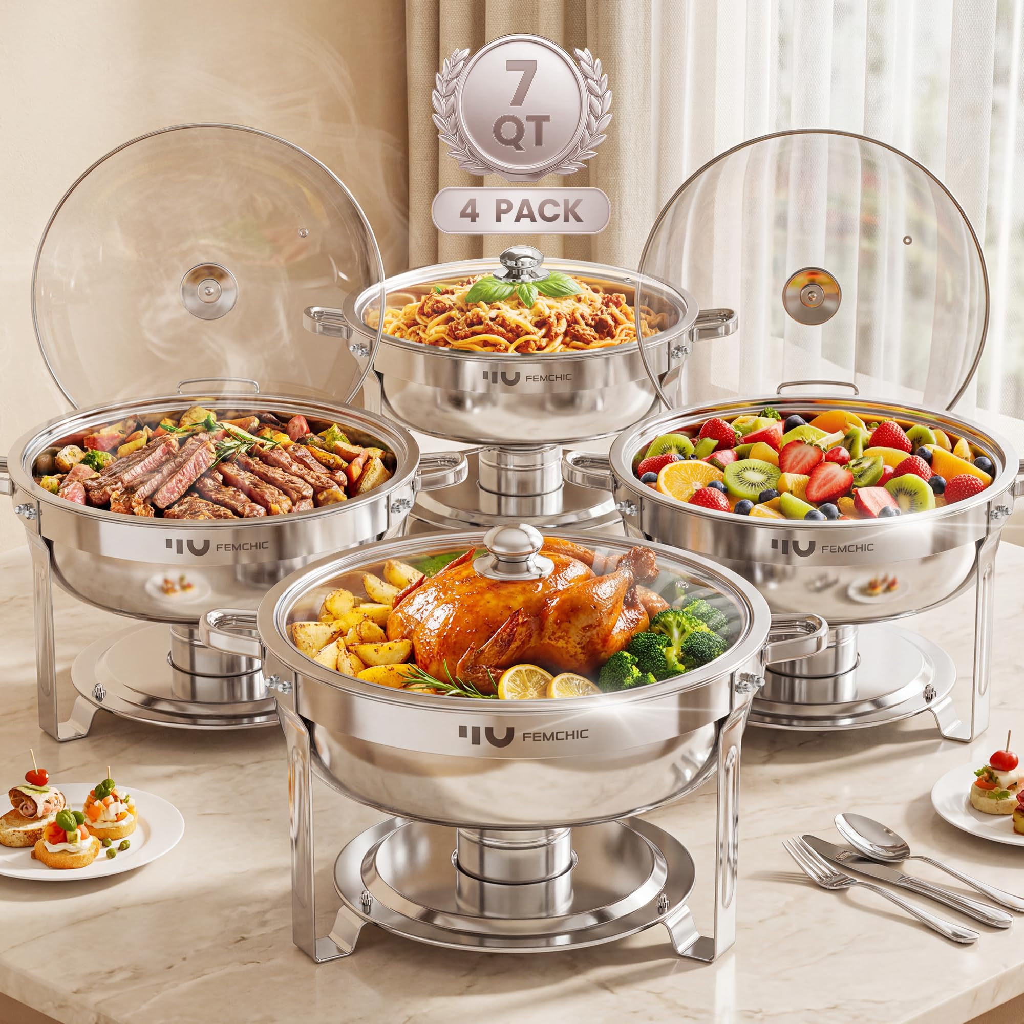 7QT Chafing Dishes for Buffet, 4 Pack Silver Round Chafer Set