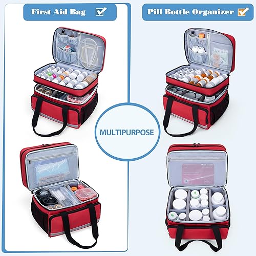 Miniatura 7 de CURMIO Bolsa organizadora de botellas de píldoras de doble capa vacía, organizador de medicamentos con cremalleras bloqueables, bolsa de viaje para