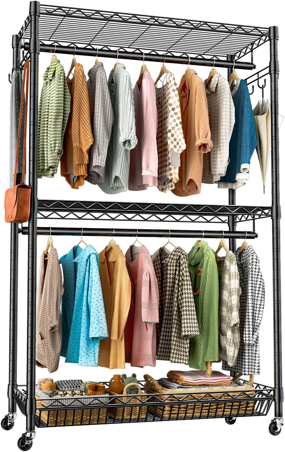 S3 Portable Clothing Rack 3 Tier Adjustable Rolling Clothes Rack Heavy Duty Clothing Rack with Storage Basket 2 Hanging Rod and 2 Side Hooks, Black Freestanding Metal Wardrobe Garment Rack