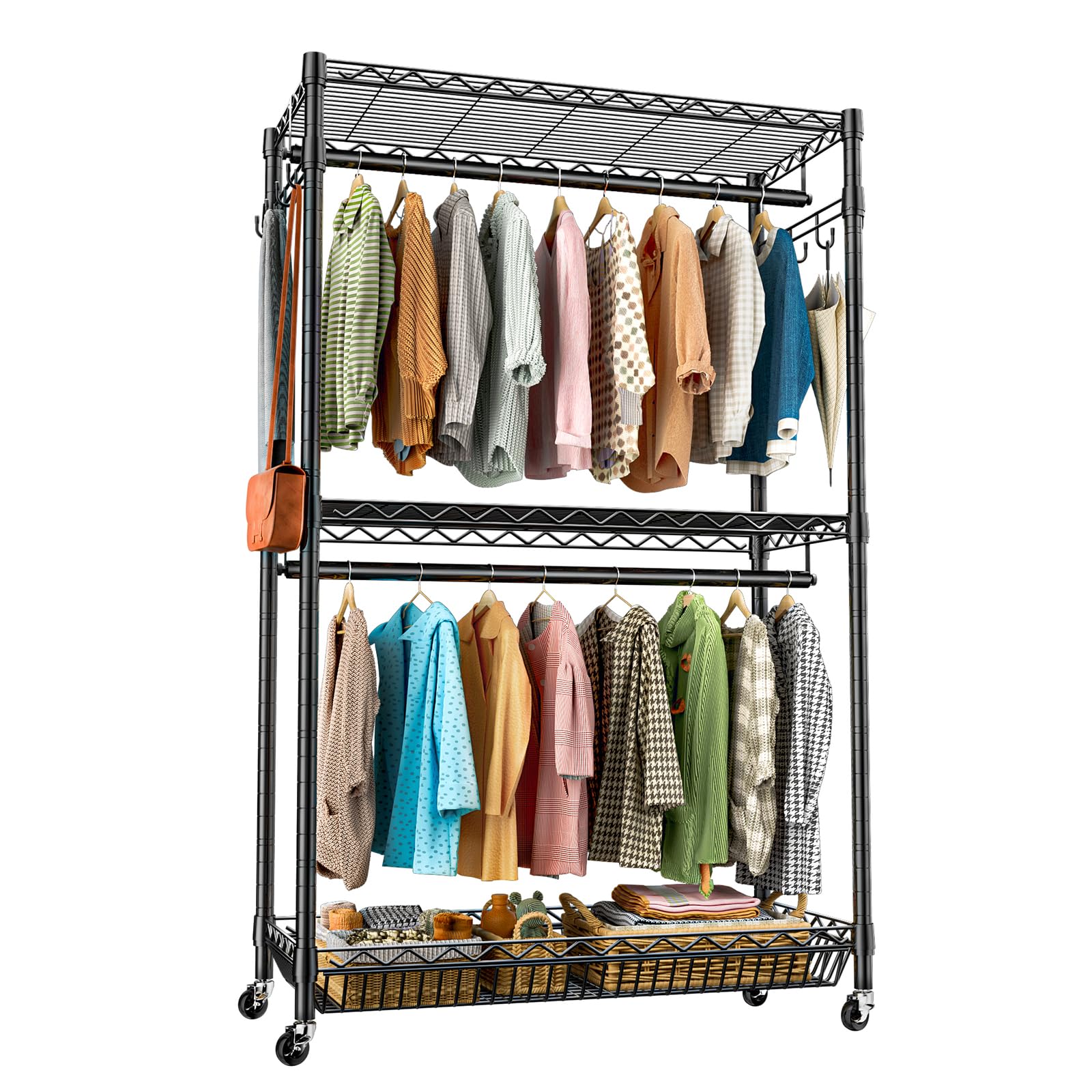 S3 Portable Clothing Rack 3 Tier Adjustable Rolling Clothes Rack Heavy Duty Clothing Rack with Storage Basket 2 Hanging Rod and 2 Side Hooks, Black Freestanding Metal Wardrobe Garment Rack