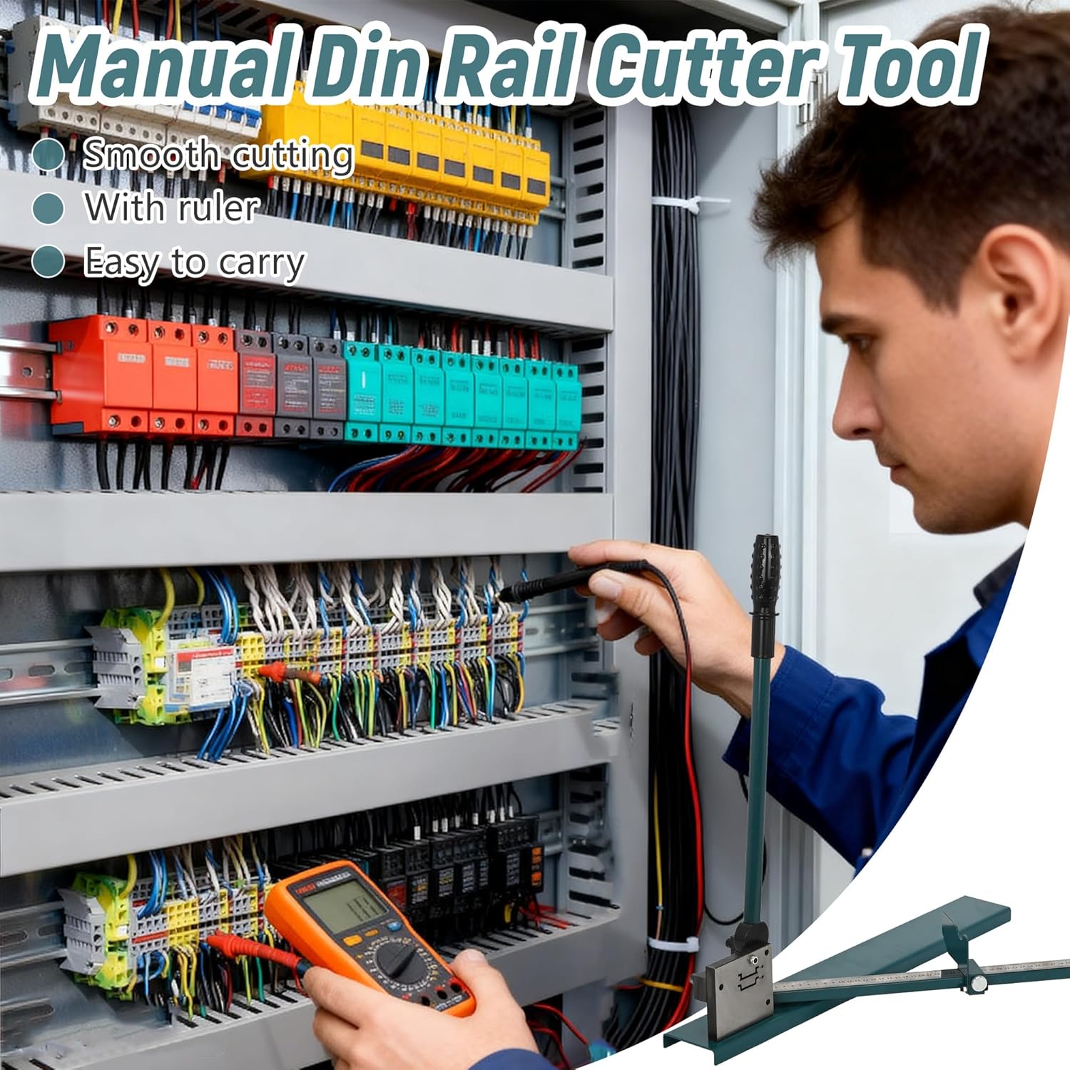 tonchean Din Rail Cutter Double Groove Manual Rail Cutter Tool 50cm/20in Ruler Sliding Baffle for Cutting 1.4inch Width Slotted Aluminium and Steel Din Rails