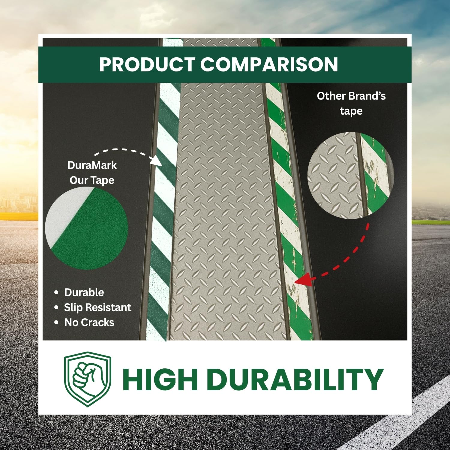 DuraMark RPT-750 Hazard Safety Warning Stripe Tape, Outdoor Heavy Duty Rubber Base Safety Tape, Reflective Slip Resistant Pavement Marking Adhesive Tape for Hazardous Areas (Green & White, 2" x 18')