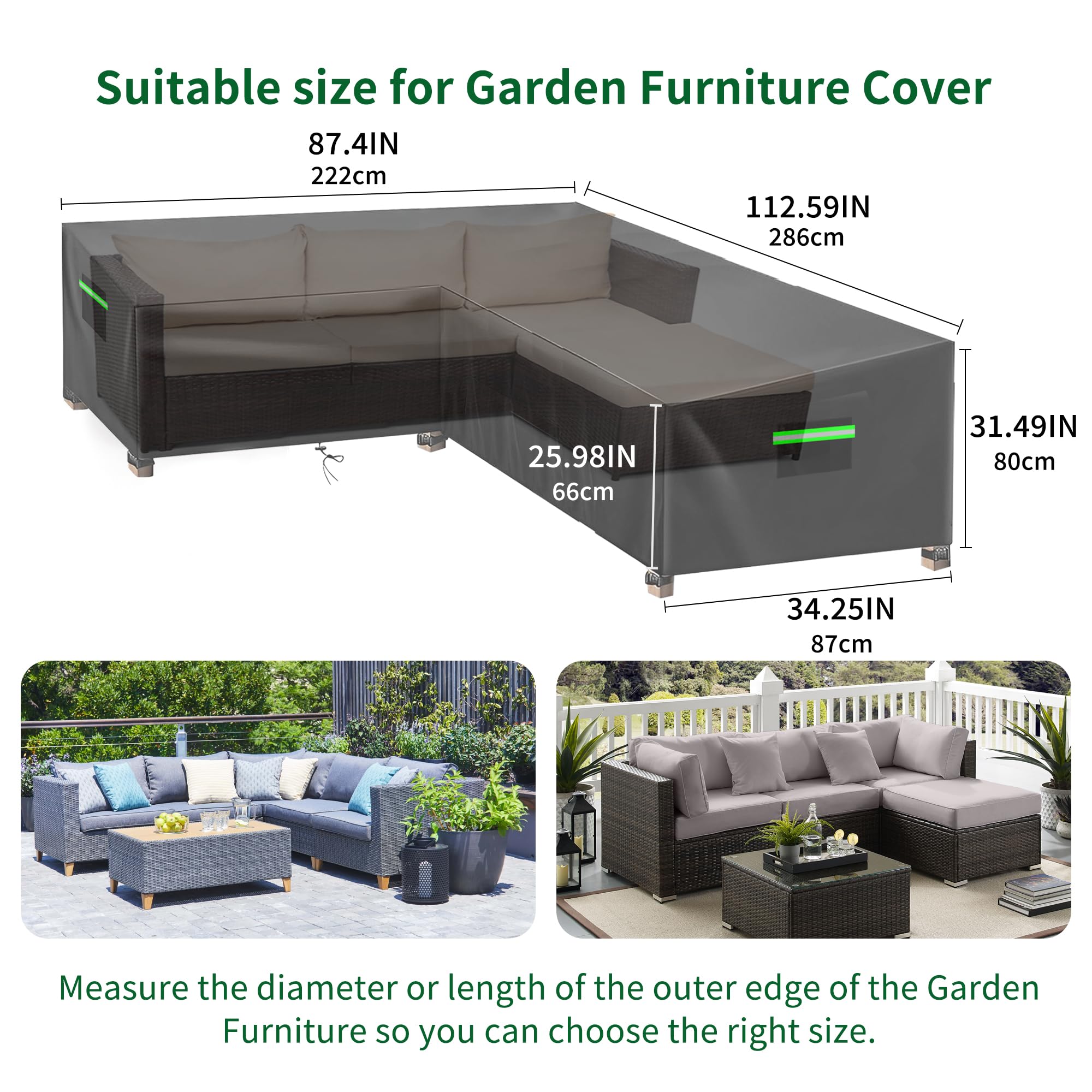 Housse de protection pour salon de jardin en forme de L, housse de protection pour salon de jardin en rotin imperméable pour canapé d'angle (Noire, 222x286x87x80/66cm)