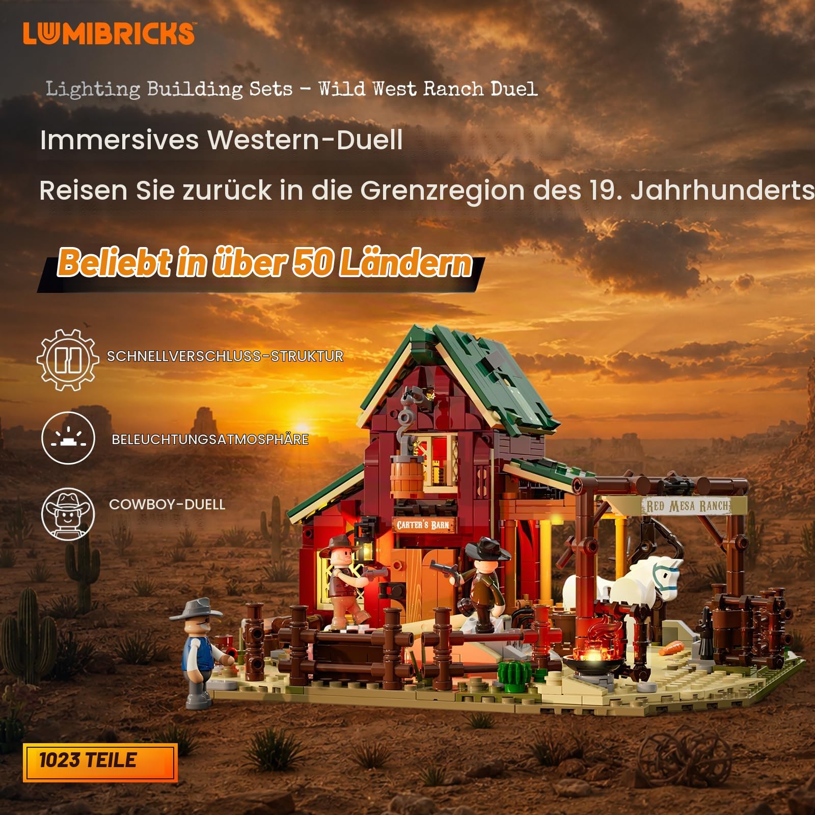 LUMIBRICKS Wild West Ranch Duel Klemmbaustein-Set mit LED-Beleuchtung, 1023 Teile Western-Ranch Modellbausatz für Erwachsene, Sammlerstück für Fans des Wilden Westens