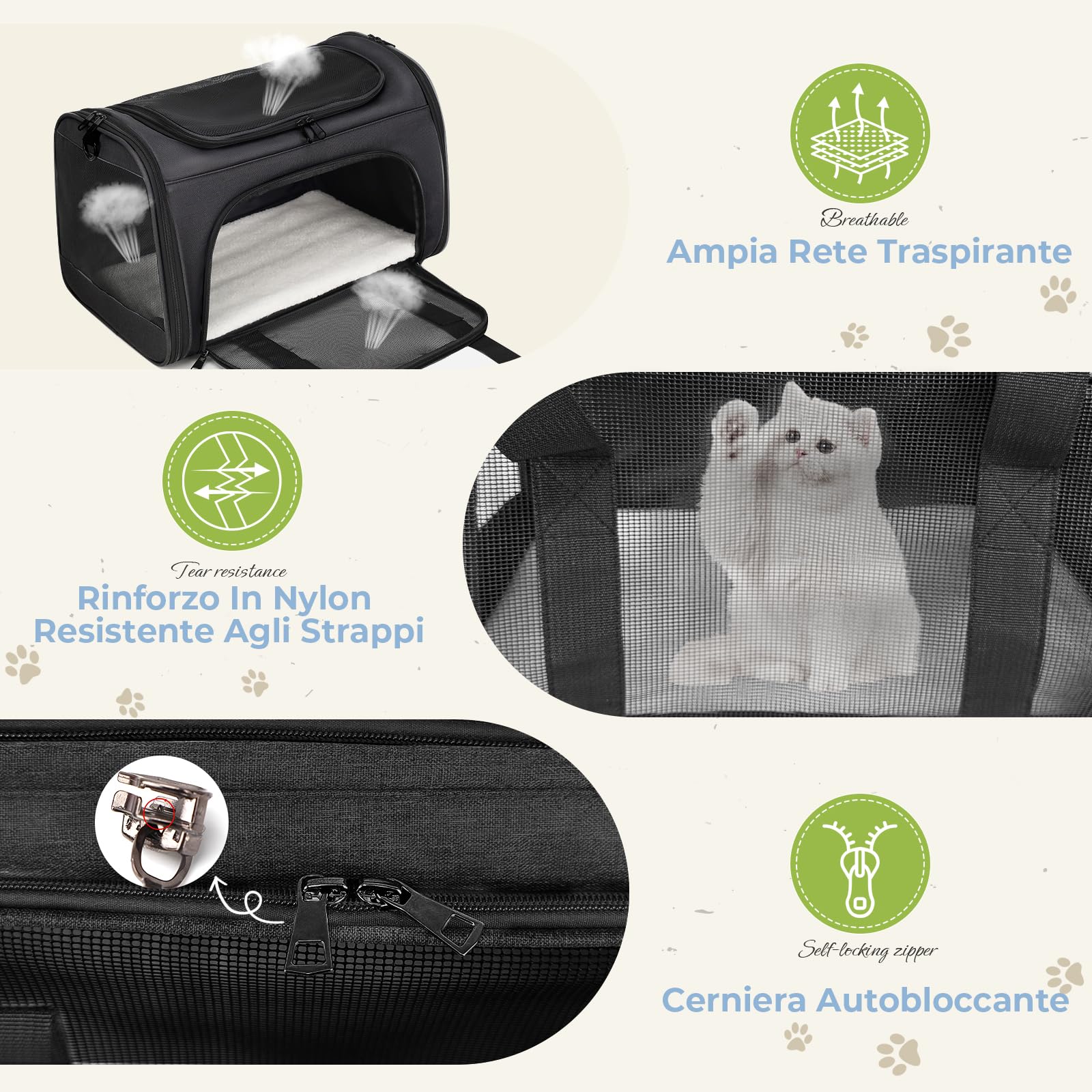 Borsa per gatti traspirante, pieghevole, adatta per gatti di piccole e medie dimensioni e cani sotto i 15 lb(6,8 kg), aperture multiple nella parte superiore (Nero, L)