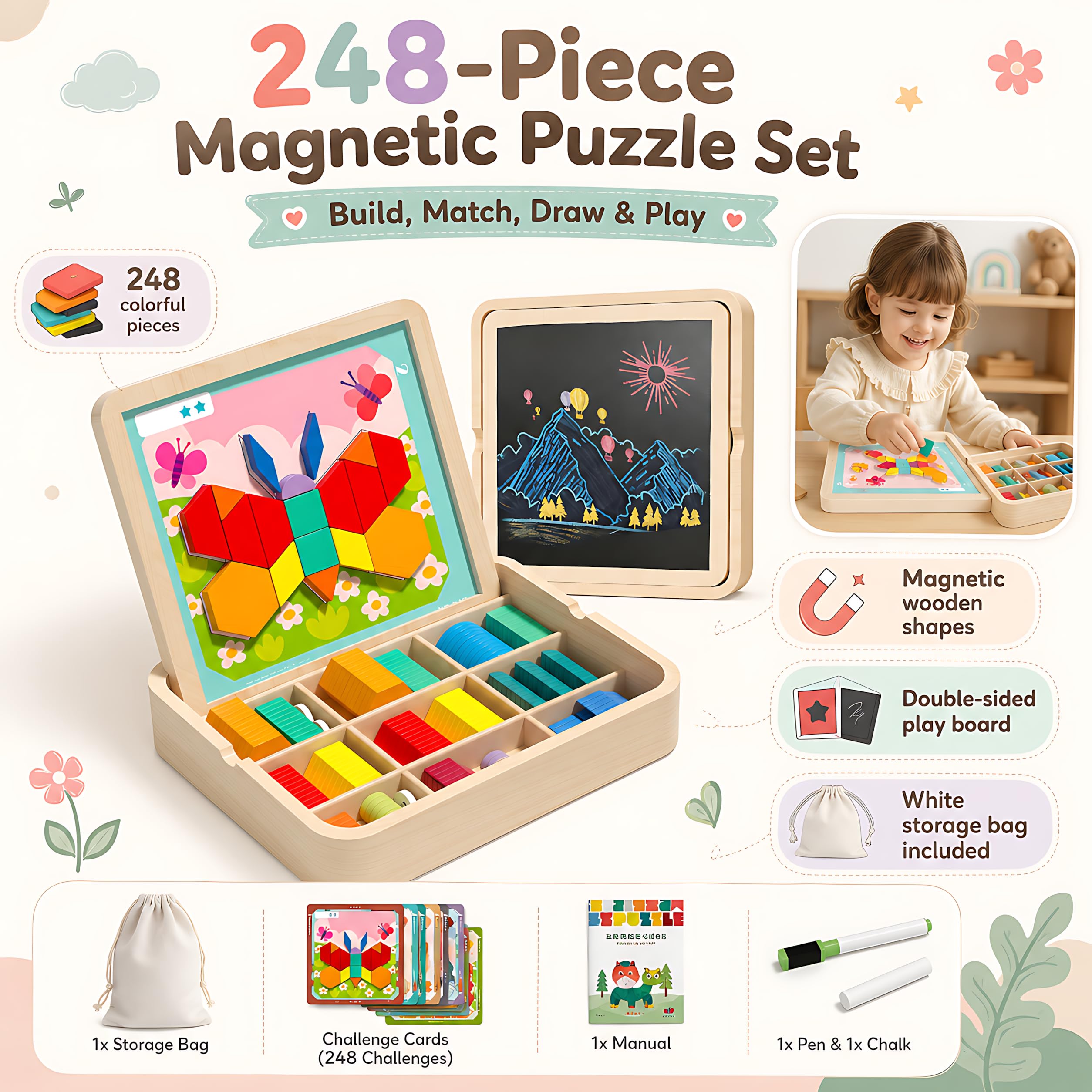 248-teiliges Holz-Magnetmusterblock-Set mit Karten, Stift und Aufbewahrungstasche, Montessori STEM Tangram Puzzle Spielzeug für Kleinkinder 4 5 6 7 8, pädagogisches Gehirn-Teaser-Geschenk für Jungen