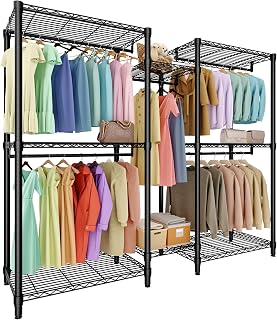 Portable Clothing Rack for Haning Clothes, Freestanding Garment Rack with 5 Hanger Rods and 8 Adjustable Shelves, for Bedroom Cloakroom, Heavy Duty & Max Load 1874LBS, 76.5"H x 73.6"L x 17.4"W, Black