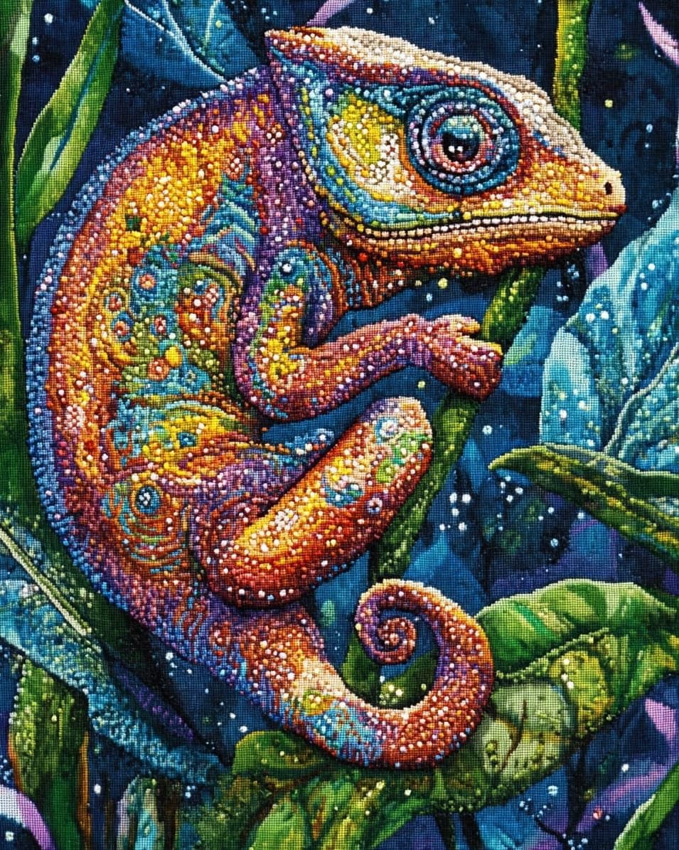 WallustrioaW 11CT Cross Stitch Kit,Chameleon Animals,Cross Stitch Kit for Adult Beginners,Full Line DIY Cross Stitch Stitching for Home Decor,16x20in