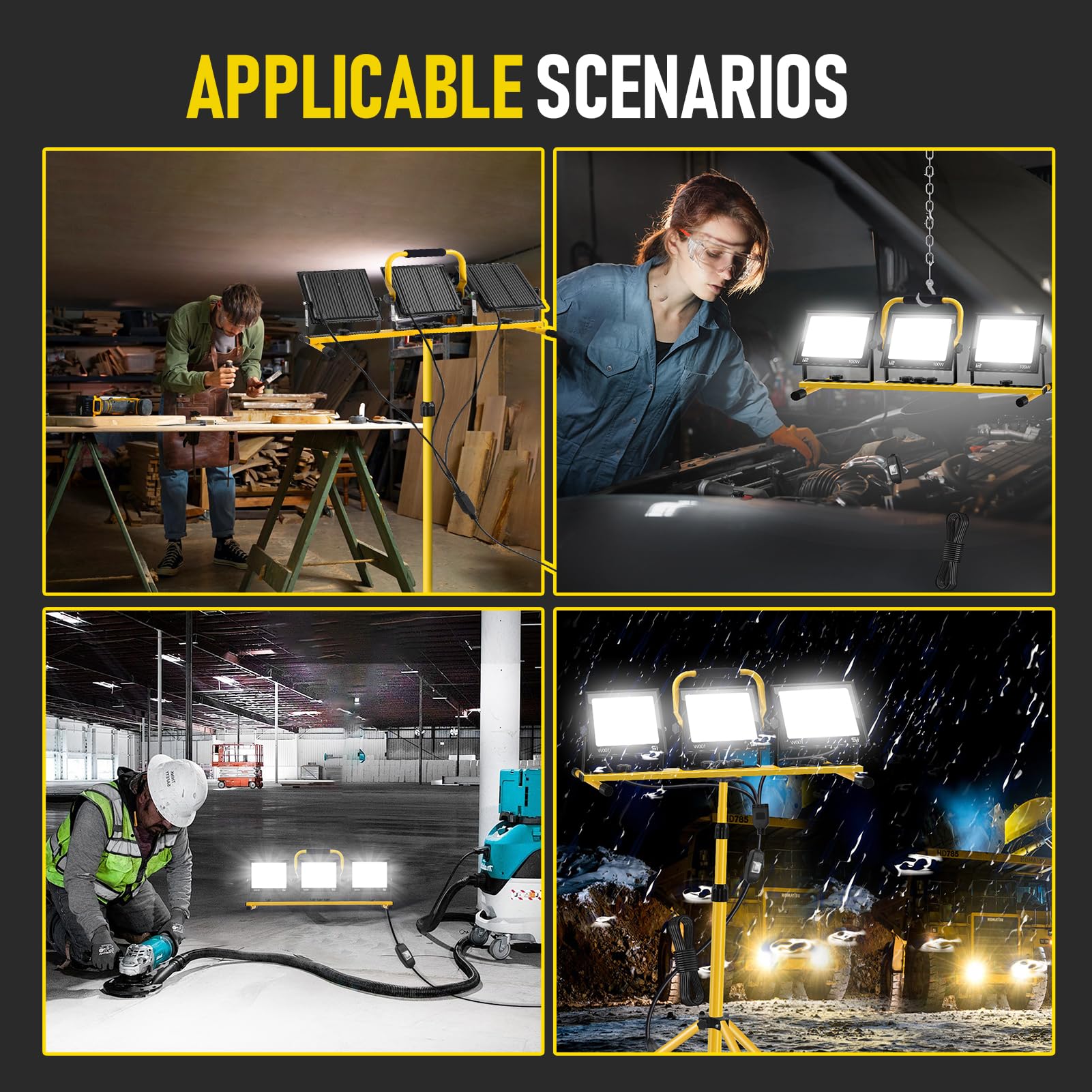 Foco de Trabajo LED 300W con Trípode Telescópico, 30000LM 6500K Foco de Trabajo LED con Enchufe Cable de 3m, Rotación de 360°, IP66 Impermeable Luz de Trabajo para Taller, Obras, Garaje