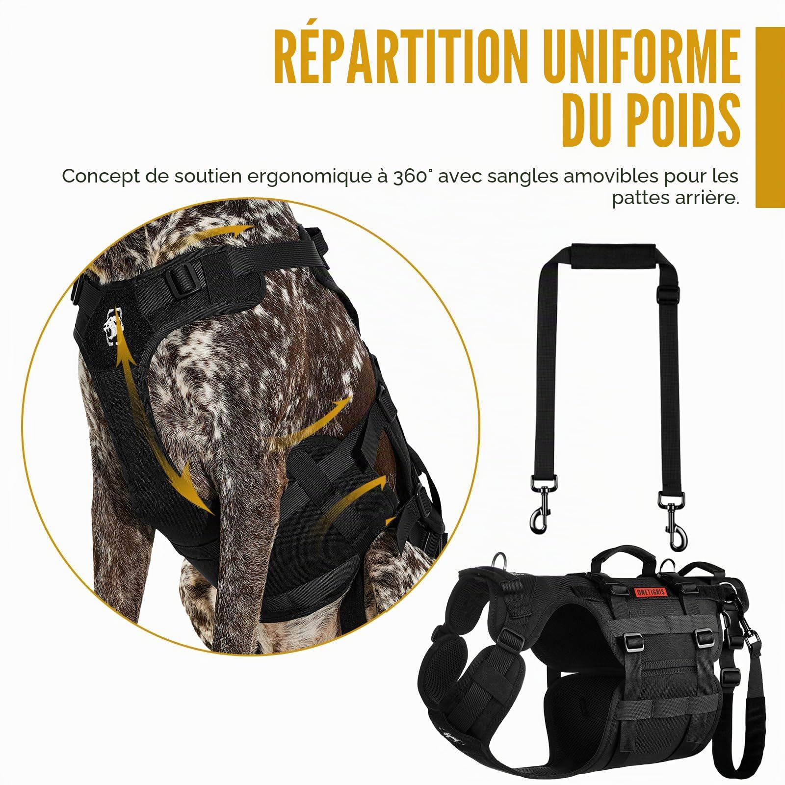 OneTigris Harnais de Levage pour Chien, Invictus Harnais pour Chien handicapé Sangle réglable, 3 poignées et Leggings arrière Amovibles - Noir S