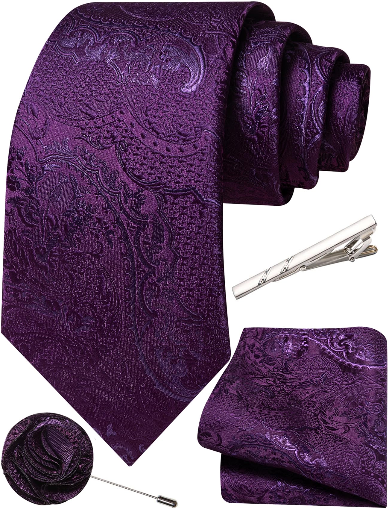 Unique Paisley Ties for Men Silk Neck Tie and Pocket Square Set with Tie Clip Lapel Pin Wedding Formal