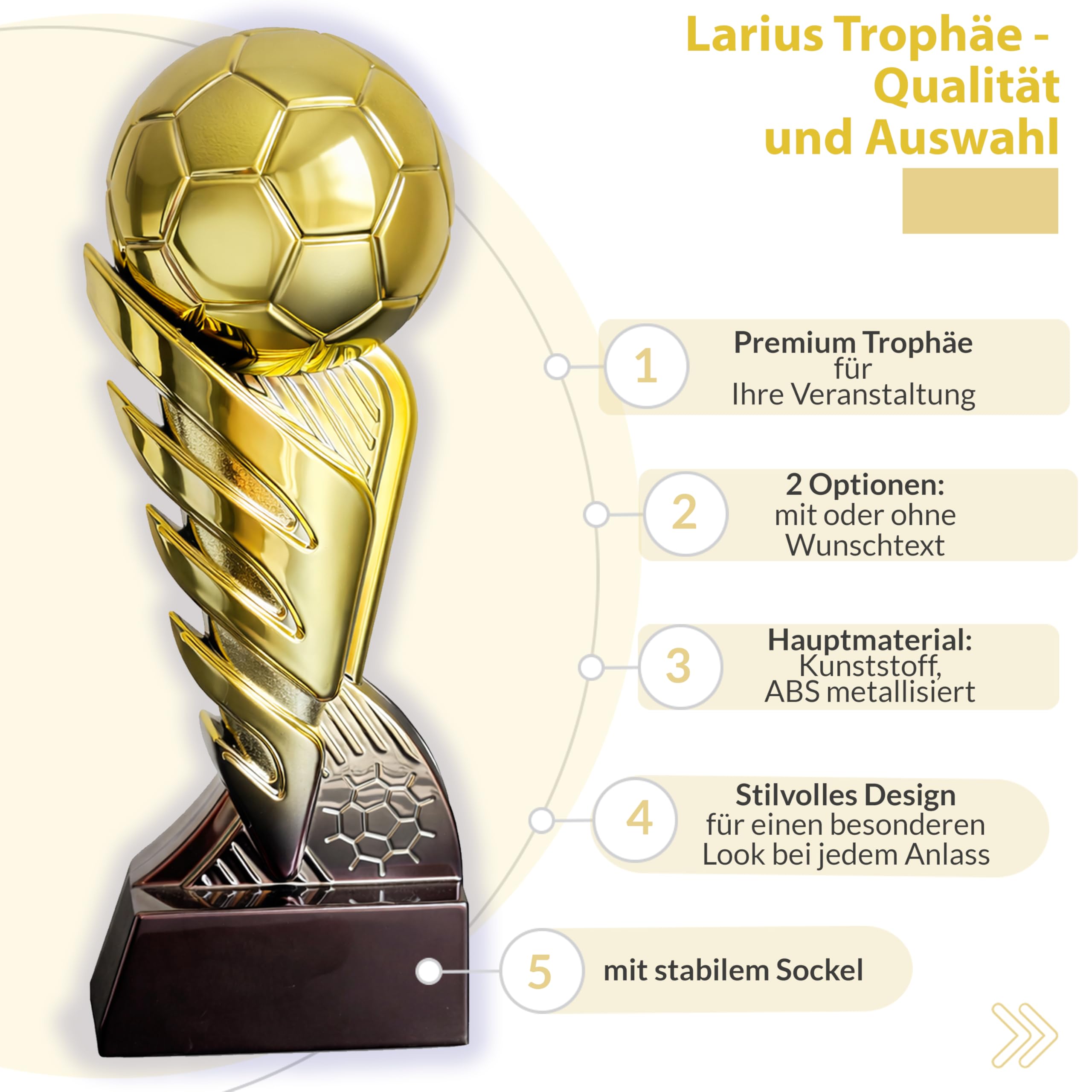 Larius Trophée de football doré avec ballon (21,5 cm, 635 g) - Trophée de football avec gravure en option - Coupe de vainqueur pour tournois, clubs et compétitions de football - S3