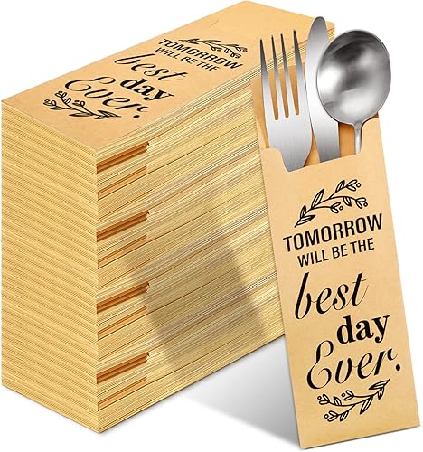 Gueevin 100 piezas Tomorrow Will Be The Best Day Ever - Bolsas de papel para cubiertos de boda, soporte para utensilios, bolsa rústica para