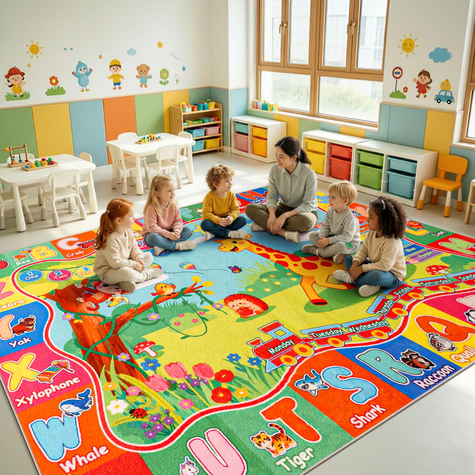 Rezutan Kinderteppich, ABC-Teppich für Spielzimmer, pädagogische Teppiche für Kinder, zum Lernen von Alphabet, Zahlen, Farben, Tierwörtern, weich und rutschfest, großer Teppich für Schule
