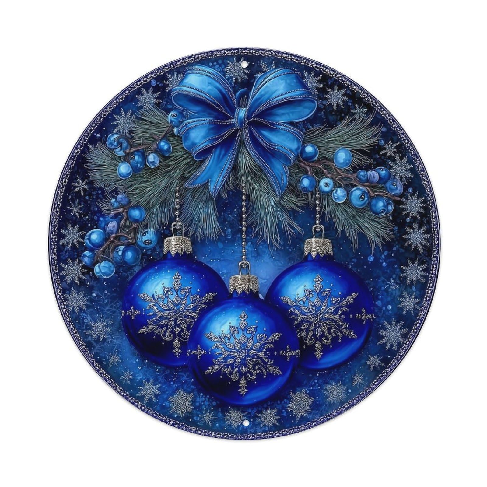 Blue Snowflake Ornaments Bow Pine(1) Round Tin Sign Retro Metal Sign for Cafe Bar Pub Home Game Room Gym Club Wall Decoration Vintage Metal Poster 8x8 Inch