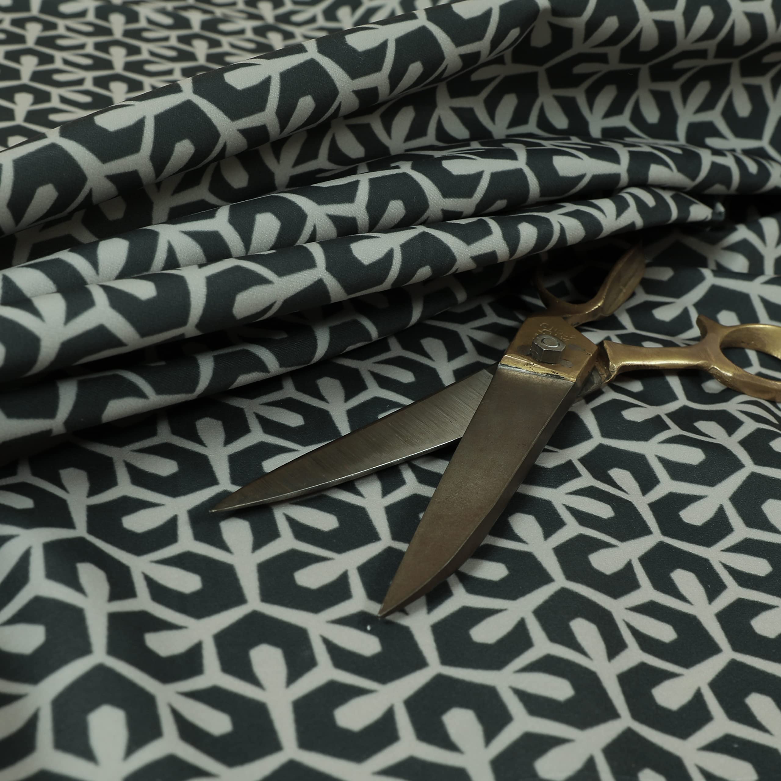 Redbrick Mill Fabrics Flame Retardant Quality Small Geometric Hexagonal Pattern Printed Velveteen Upholstery Fabric by The Metre for Curtains, Chairs and Sofas, Black Grey (Per Metre)