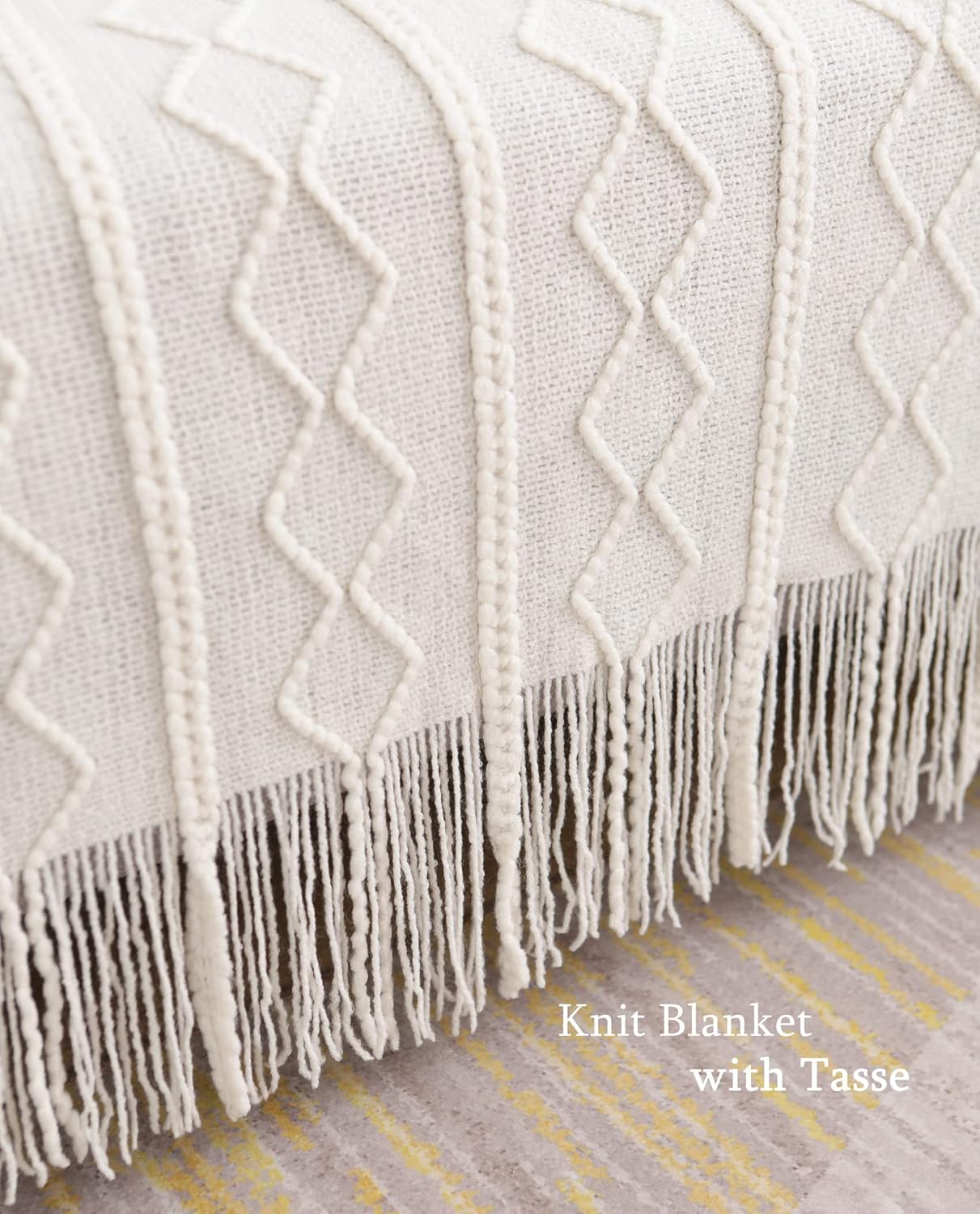 Throw Blanket Knitted Decorative Blanket with Tassels, Throw Blanket for Couch, Bed, Living Room, Sofa and Chair, Soft Warm Travel Blanket for All Seasons, Off White, 50"x60"
