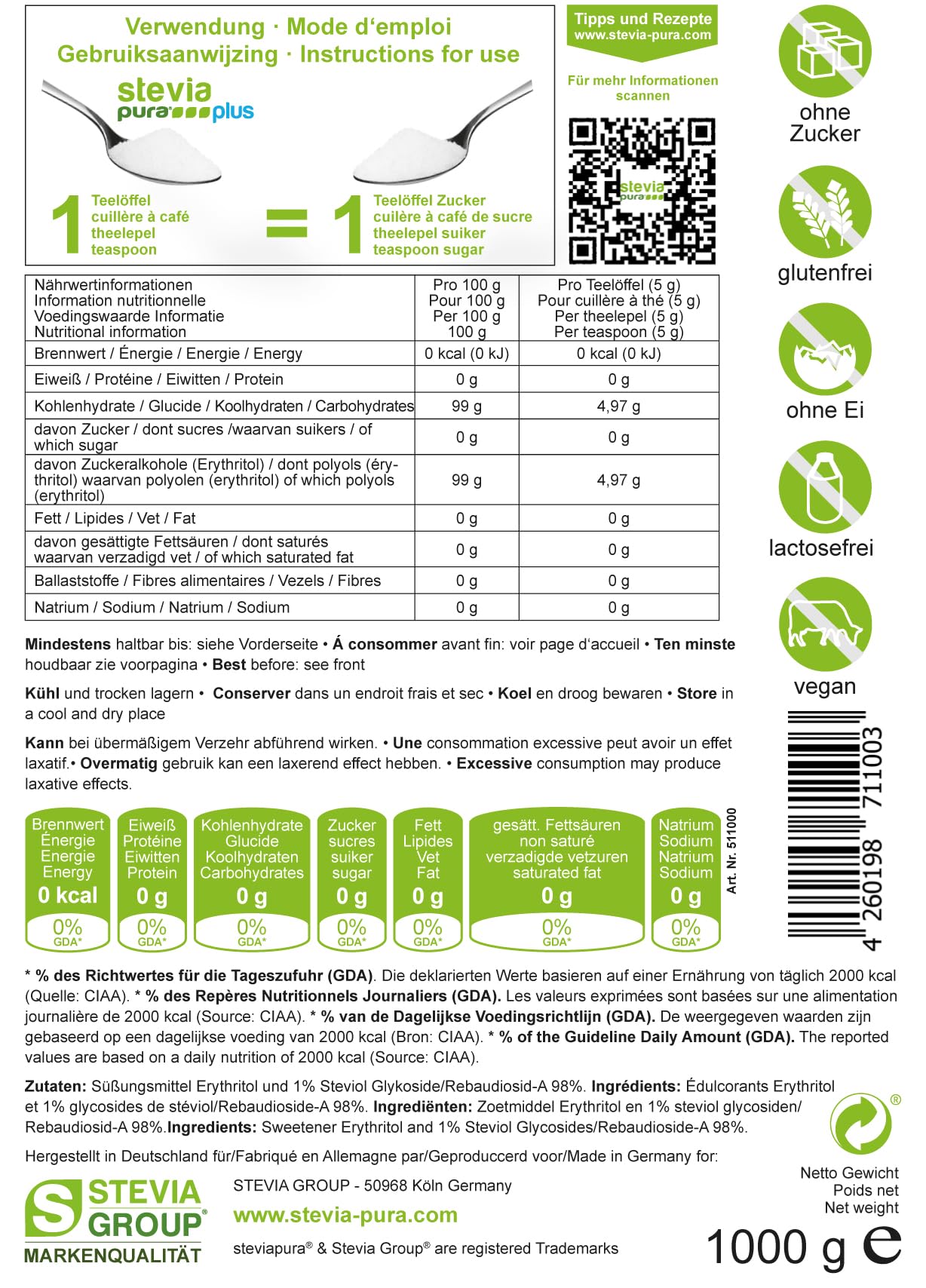 Streusüße | steviapuraPlus 100% Natürlicher Zuckerersatz Erythrit + Stevia 1:1 | 1g = 1g Zucker | 0 Kalorien - 0 Glykämischer Index - Kein GVO | 5kg