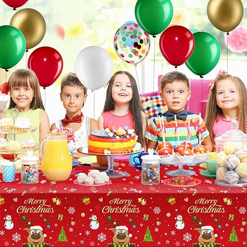 Miniatura 6 de Juego de decoraciones de fiesta de Navidad, incluye telón de fondo de Papá Noel, copos de nieve, ciervos, cubiertas de mesa, globos multicolor y