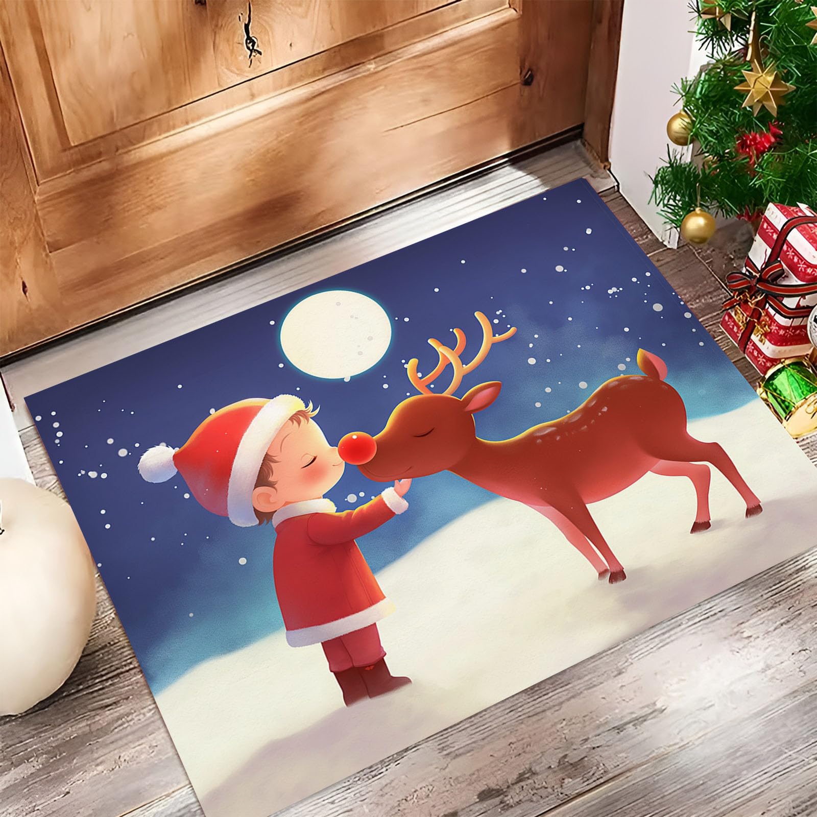Felpudo de Interior 80x120cm, Diseño de Niño Reno, Lavable Antideslizante, Alfombrilla Dibujos Animados Plegable de Pelo Corto para Entrada, Alfombra Fácil de Limpiar, Púrpura